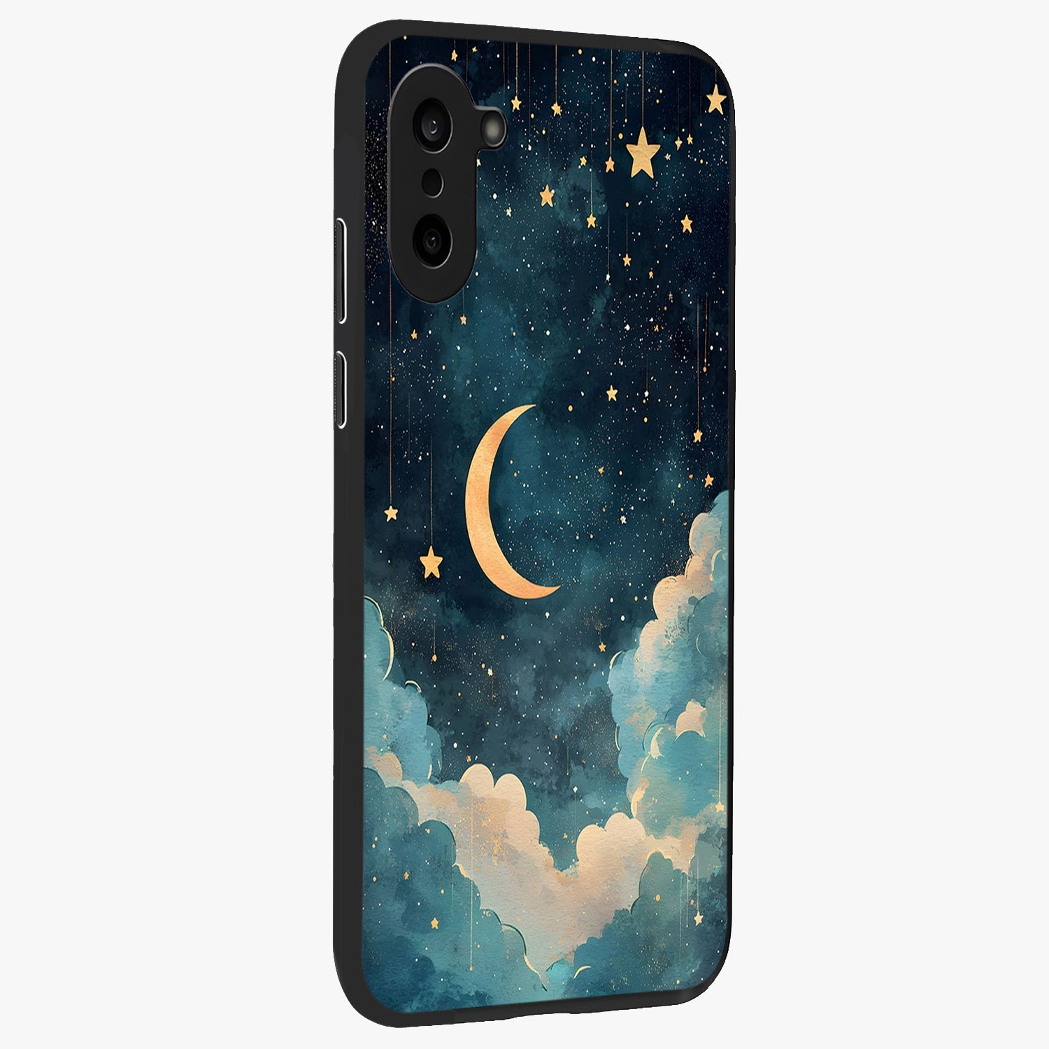 Crescent Galaxy Moon Glass Case for 1+Nord CE 5 side perspective highlighting luminous moon details and premium build