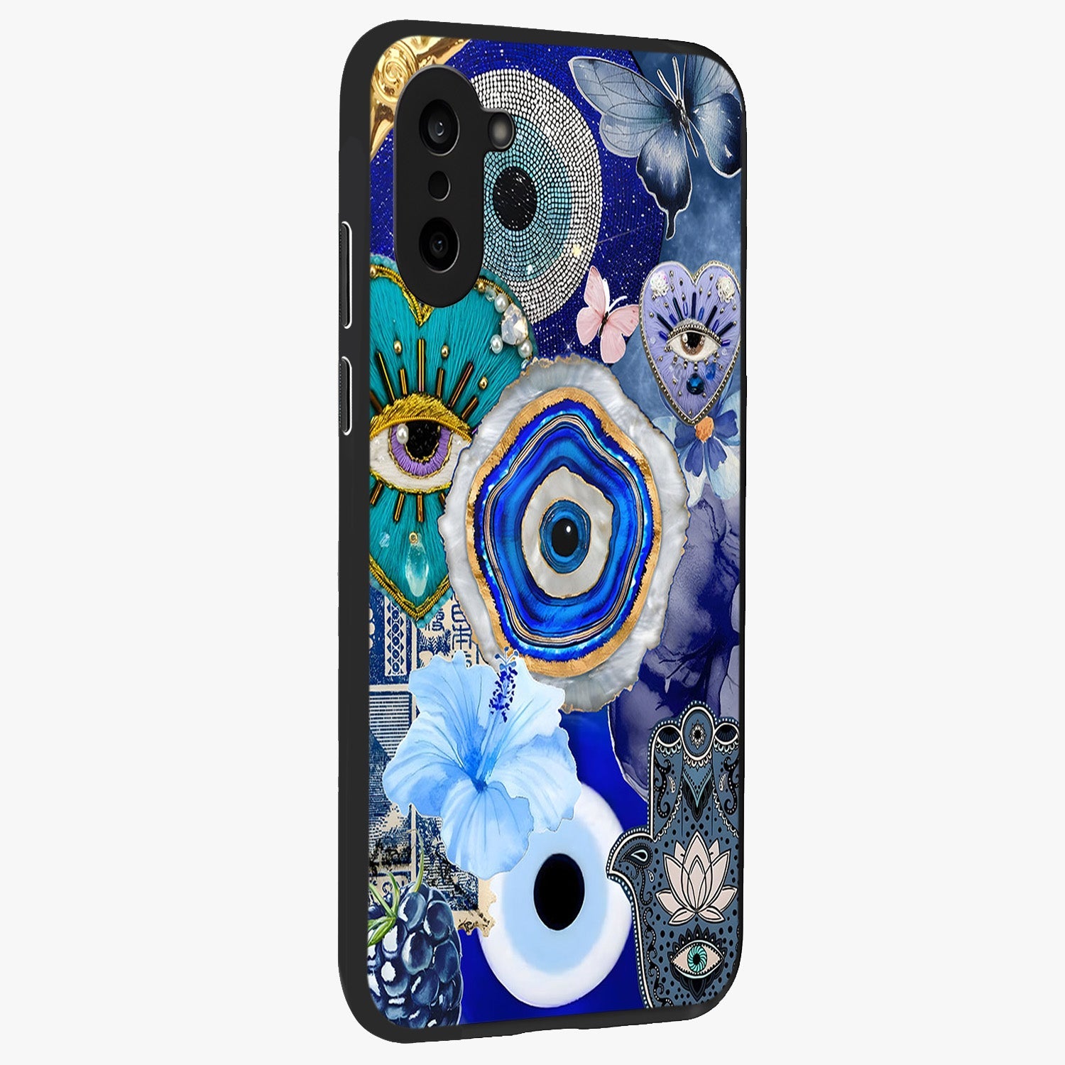 Crimson Evil Eye Charm Glass Case for 1+Nord CE 5 side perspective highlighting intricate charm design and smooth edges