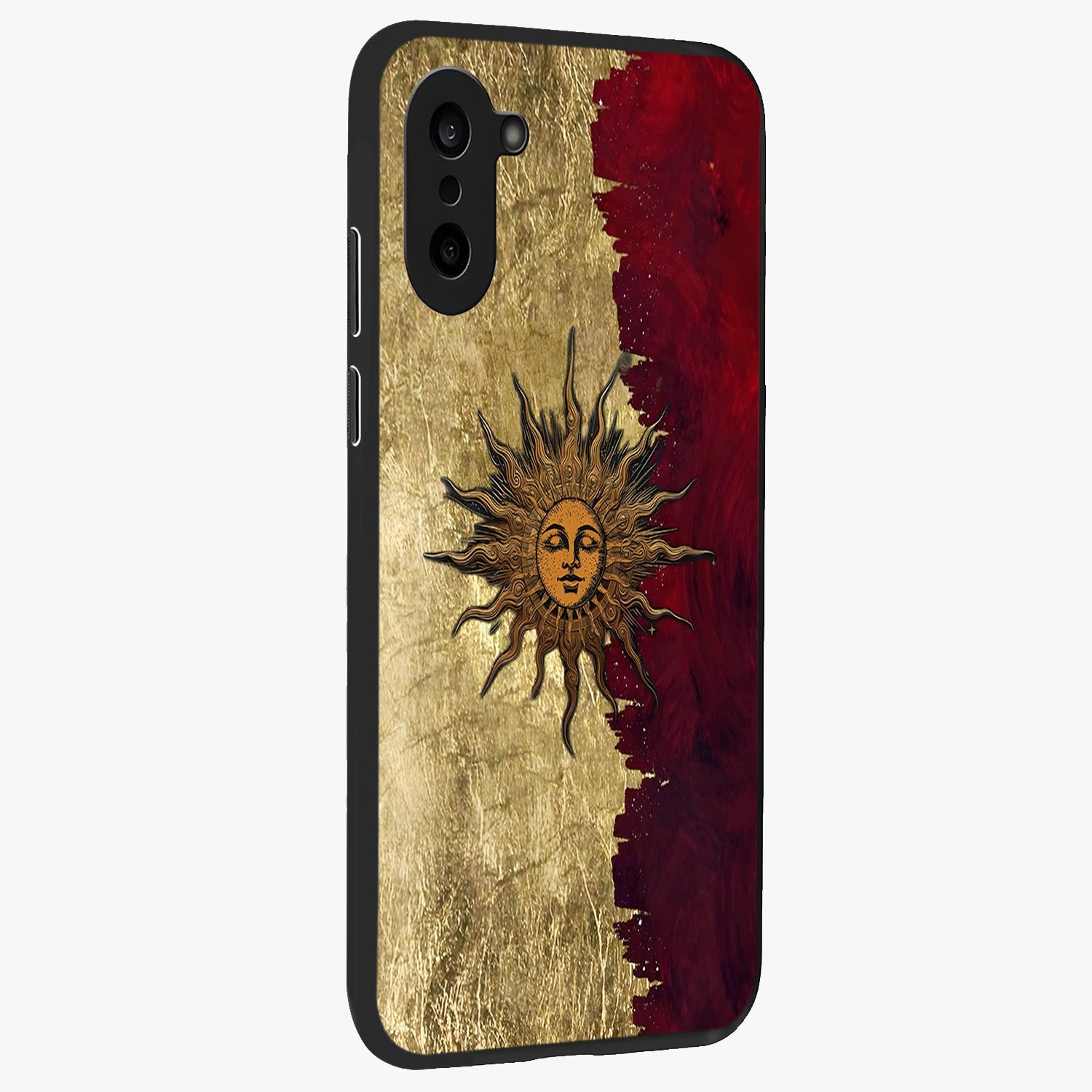 Crimson Sun Majesty Glass Case for 1+Nord CE 5 side perspective highlighting vibrant sun detailing and smooth edges