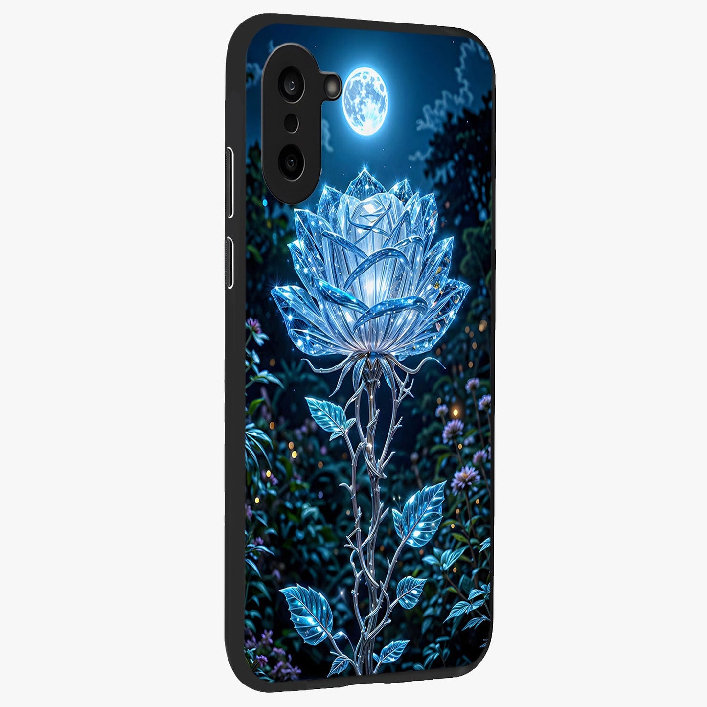 Crystal Moon Lotus Glass Case for 1+Nord CE 5 side perspective highlighting soft celestial tones and premium edge finish