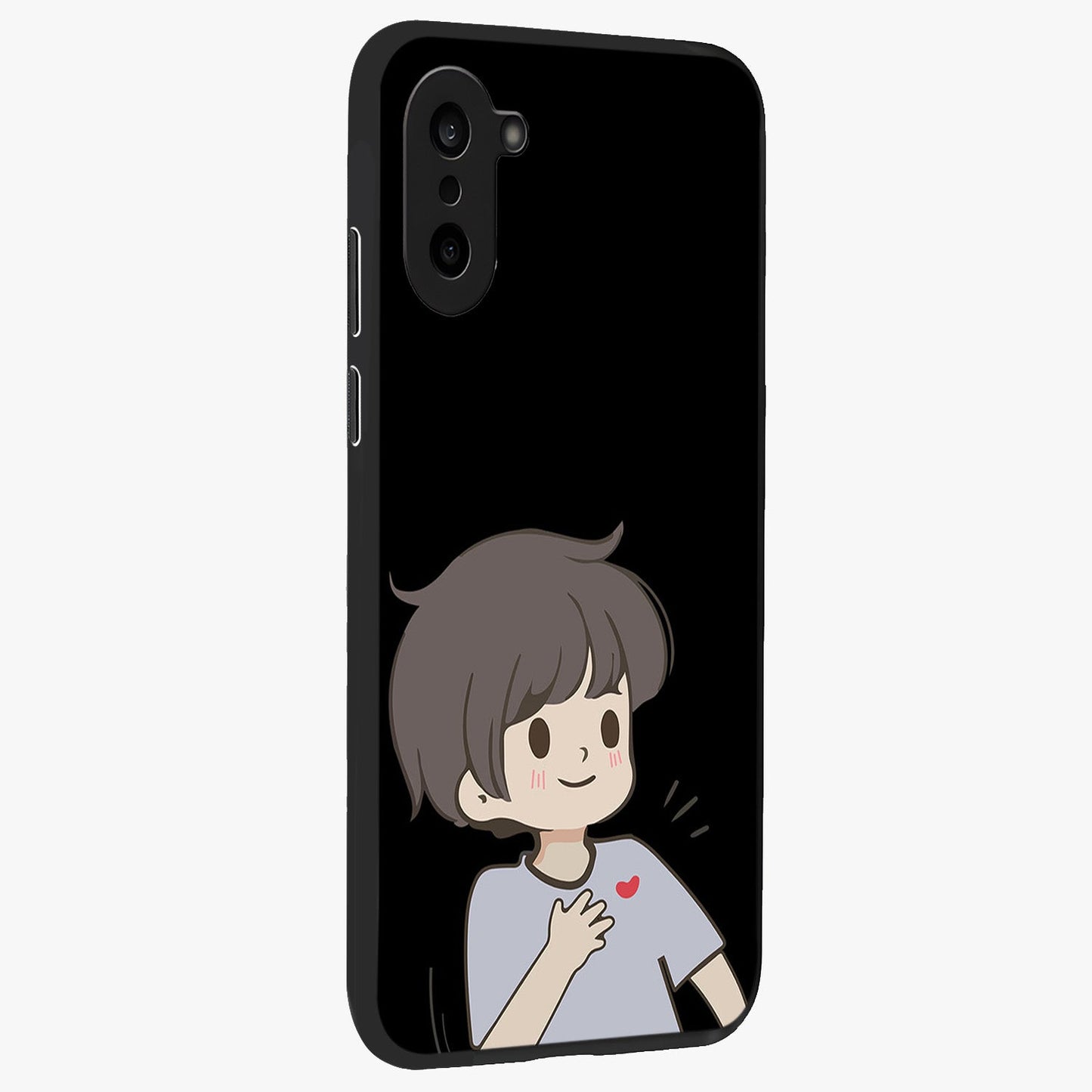 Cute Boy Heart Reaction Glass Case for 1+Nord Ce 5 side perspective highlighting expressive illustration details and premium edges