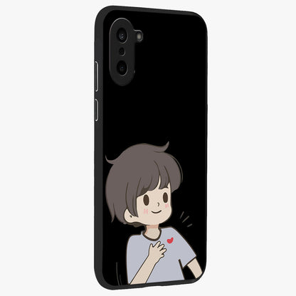 Cute Boy Heart Reaction Glass Case for 1+Nord Ce 5 side perspective highlighting expressive illustration details and premium edges