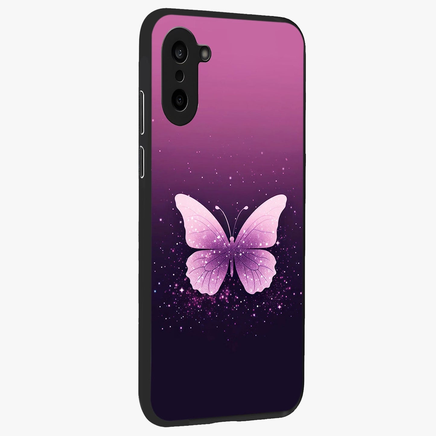 Cute Starry Butterfly Glass Case for 1+Nord CE 5 side perspective highlighting glowing star details and sleek edge finish