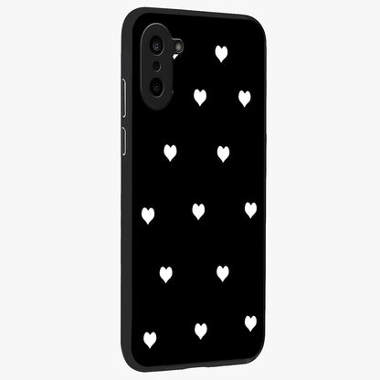 Cute Simple black Hearts Glass Case for 1+Nord CE 5 side perspective highlighting dramatic contrast and premium build