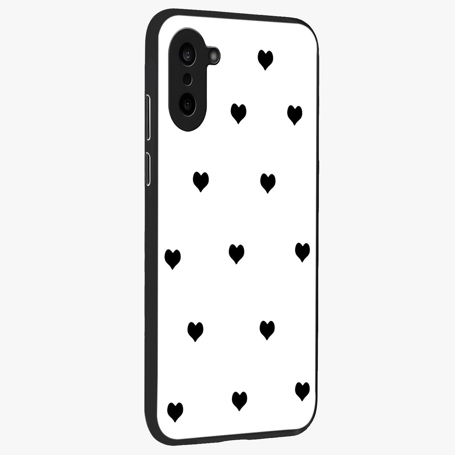 Cute Simple White Hearts Glass Case for 1+Nord CE 5 side perspective highlighting dramatic contrast and premium build