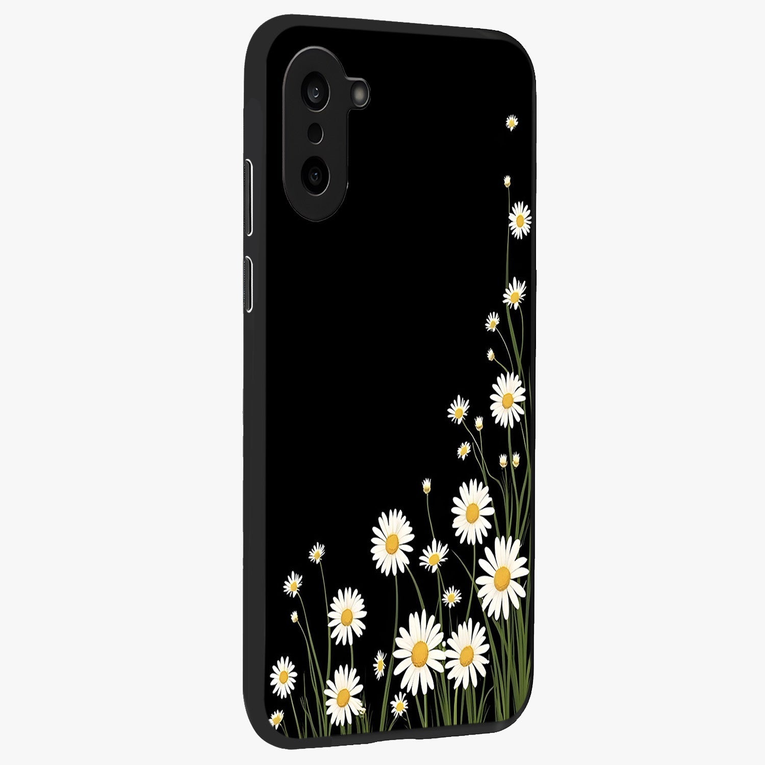 Daisy Cascade on Black Glass Case for 1+Nord CE 5 side perspective highlighting delicate daisy detailing and smooth edges