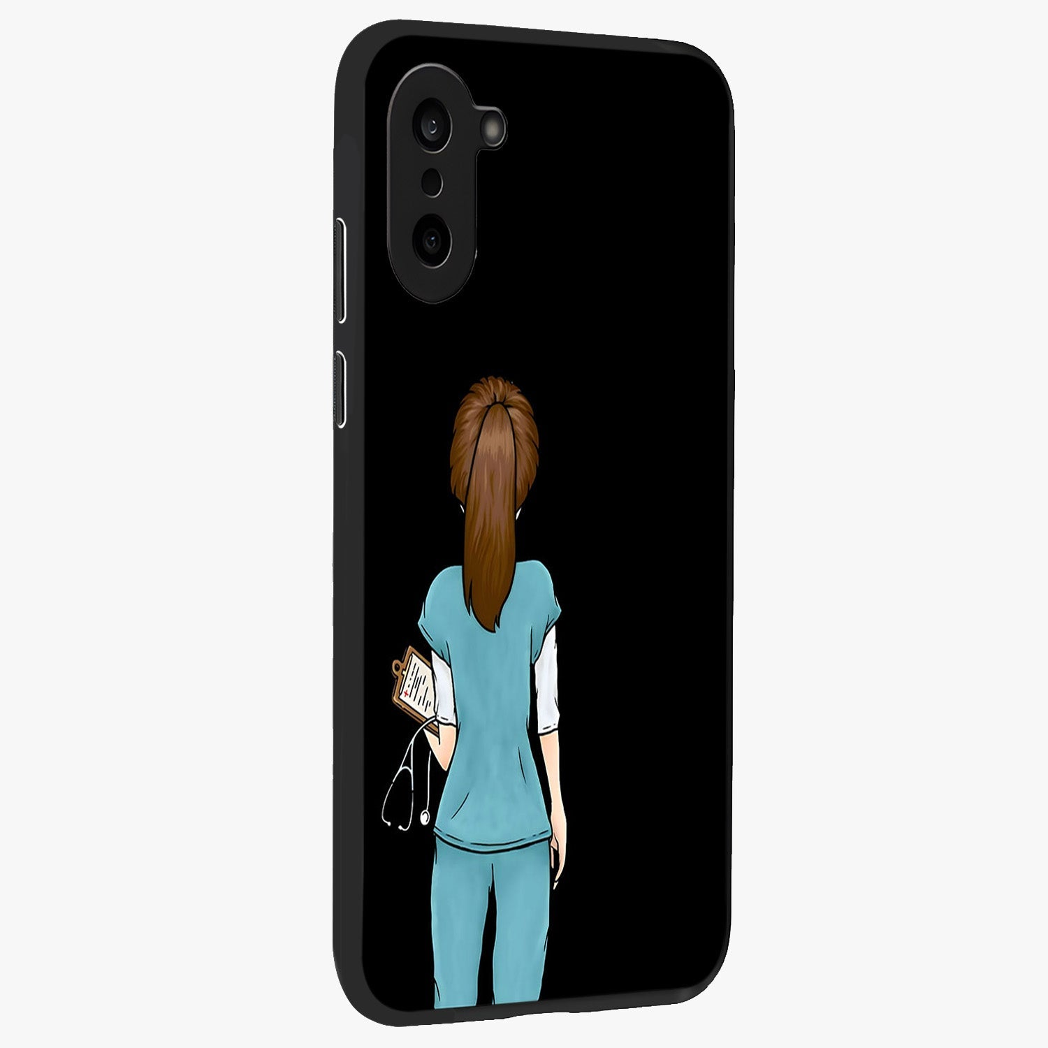 Doctor Pattern Custom Name Glass Case for 1+Nord CE 5 side perspective highlighting custom typography and smooth premium edges
