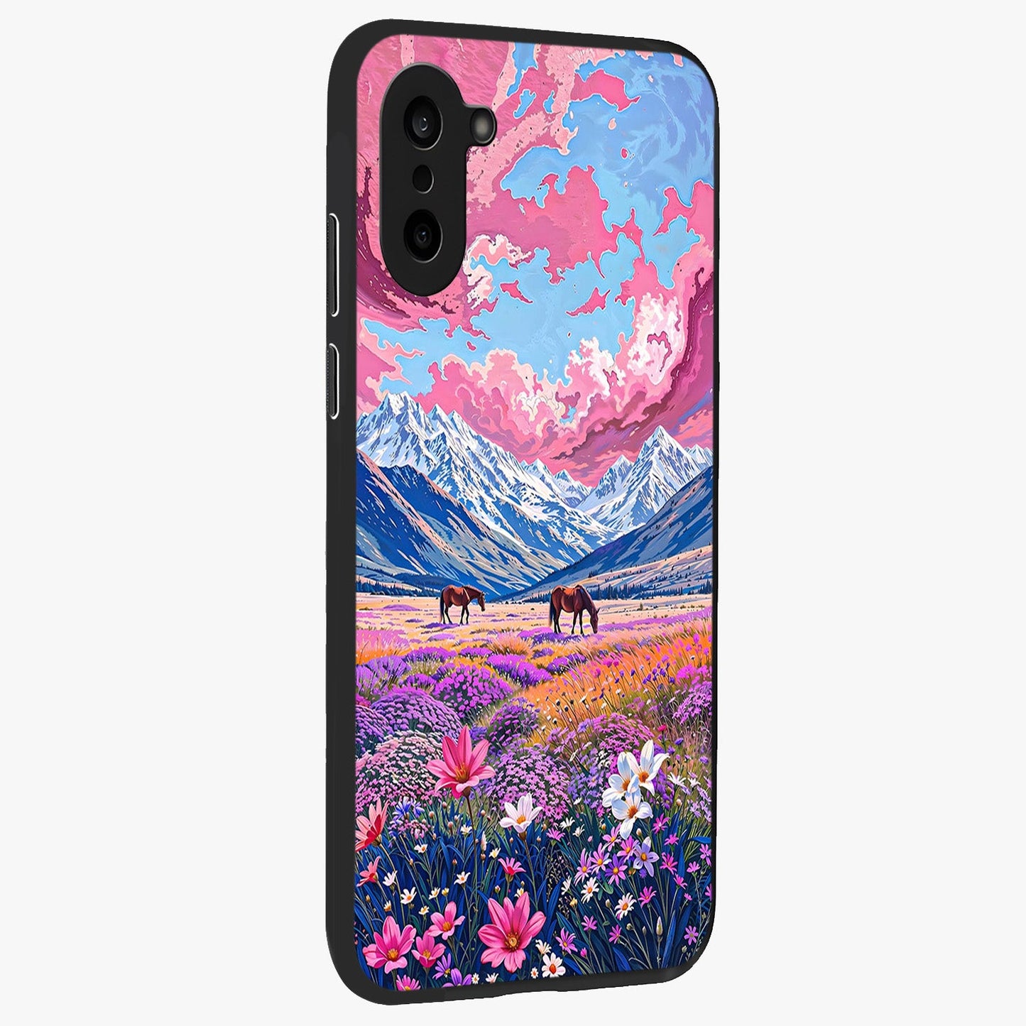 Dreamy Floral Pastures Glass Case for 1+Nord CE 5 side perspective highlighting calming floral detailing and sleek build