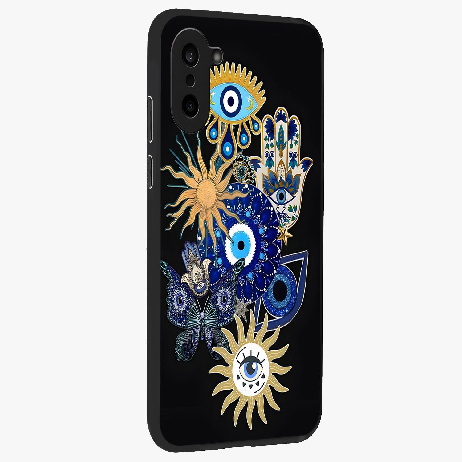 Evil Eye Charm Vibes Glass Case for 1+Nord CE 5 side perspective highlighting vibrant textures and premium edge finish