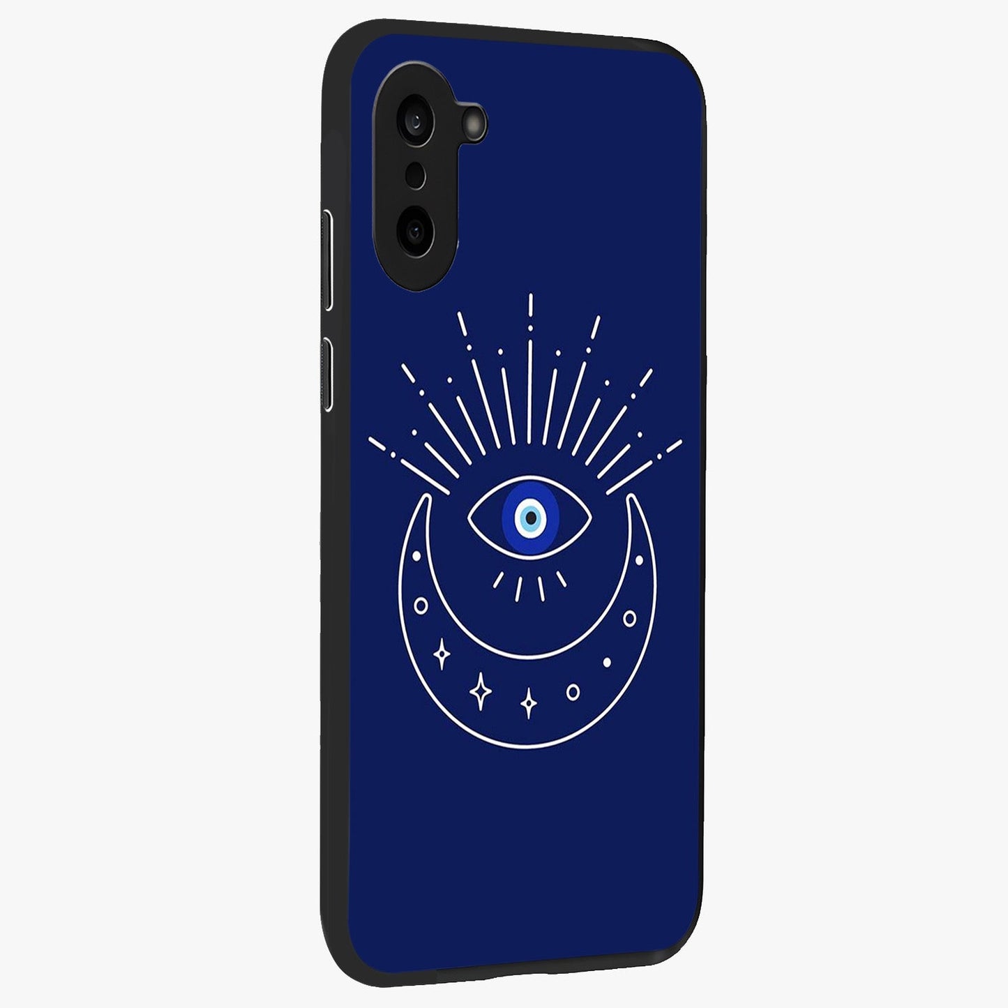 Evil Eye With Blue Themed Collage Glass Case for 1+Nord CE 5 side perspective highlighting bold collage detailing and smooth edges