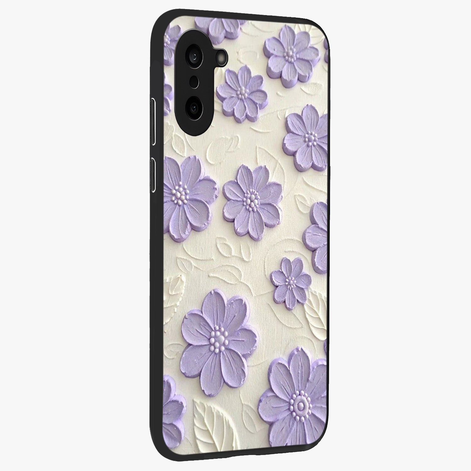 Floral Wall Art With Purple Flowers Glass Case for 1+Nord CE 5 side perspective highlighting delicate bloom details and premium build