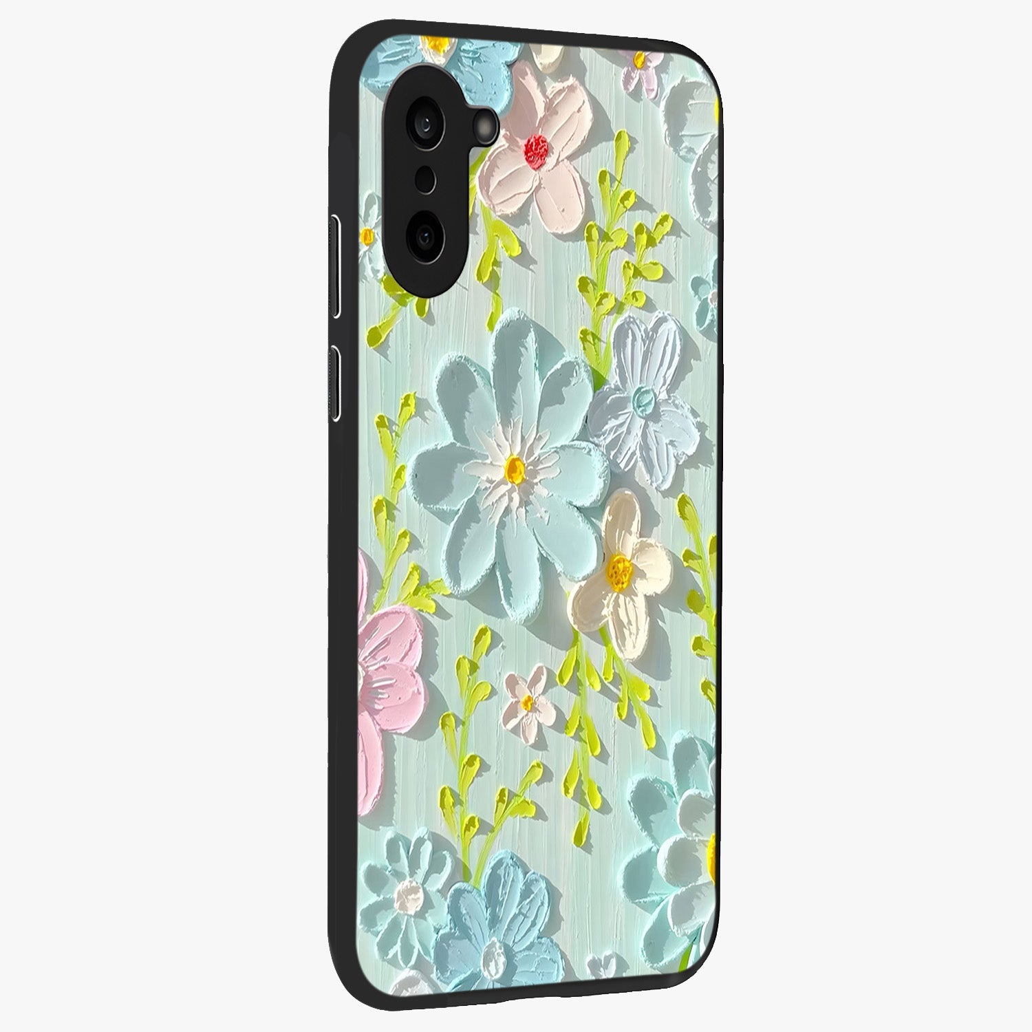 Frosted Petal Garden Glass Case for 1+Nord CE 5 side perspective highlighting subtle petal textures and sleek premium build