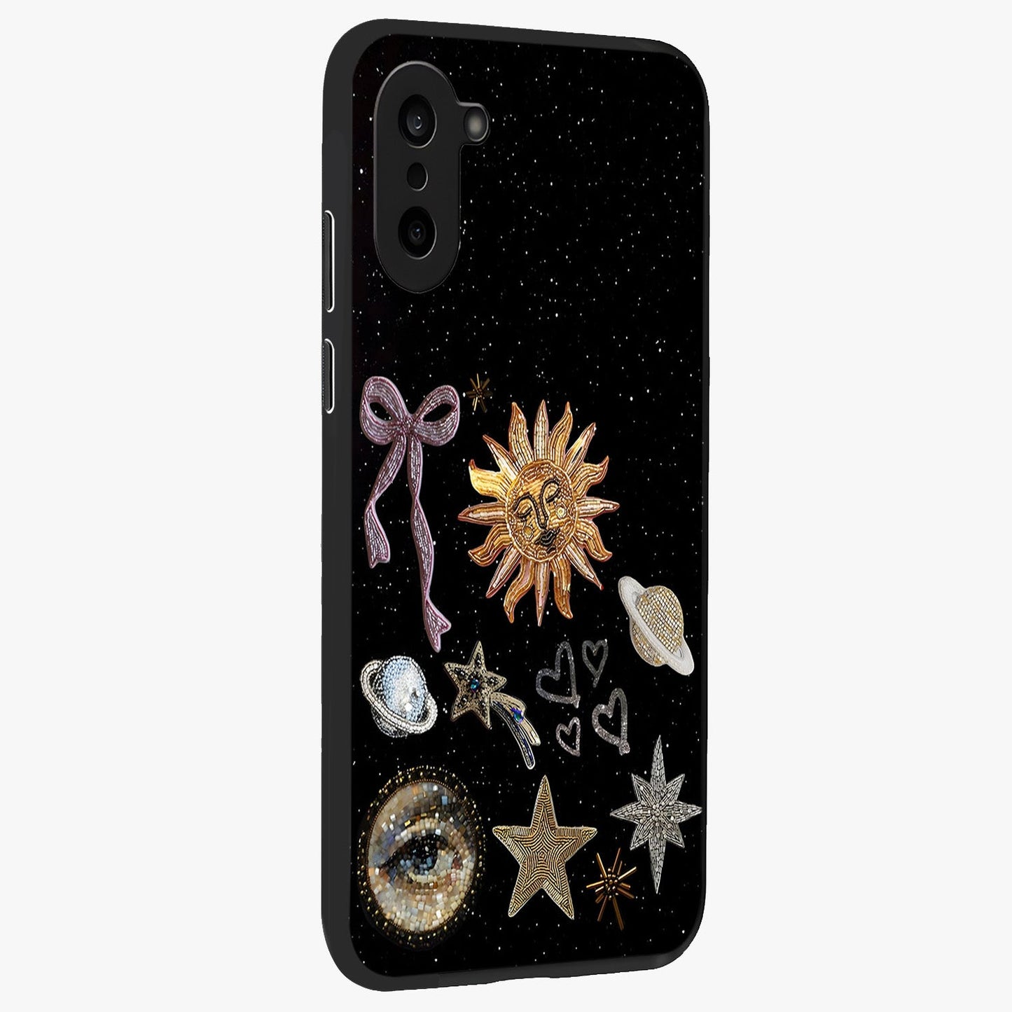 Galactic Sun Charm Glass Case for 1+Nord CE 5 side perspective highlighting glowing sun detailing and premium edge finish