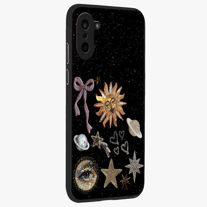 Galactic Sun Charm Glass Case for 1+Nord CE 5 side perspective highlighting glowing sun detailing and premium edge finish