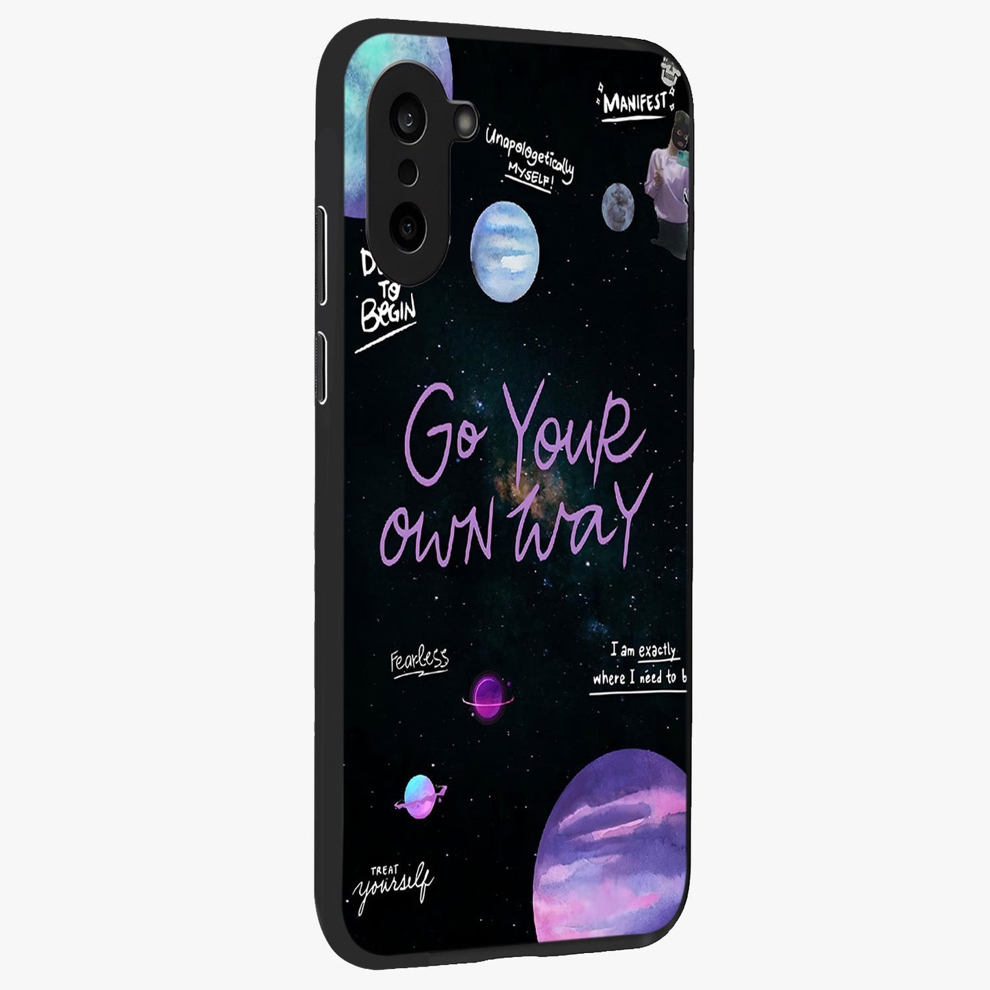 Galactic Vibes Universe Glass Case for 1+Nord CE 5 side perspective highlighting bold cosmic textures and sleek build