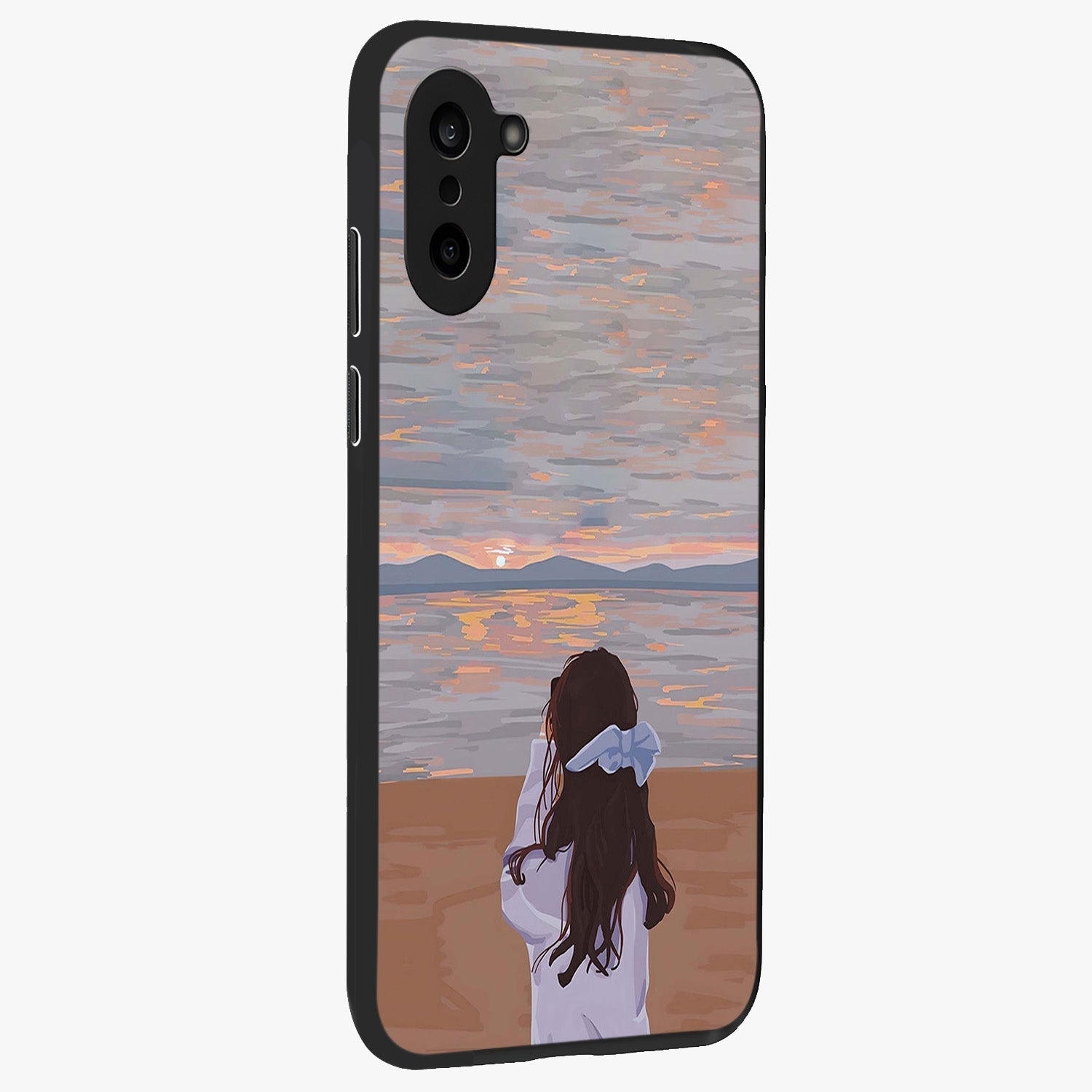 Girl Facing Sunset Beach Glass Case for 1+Nord CE 5 side perspective highlighting calming sunset gradients and smooth edges