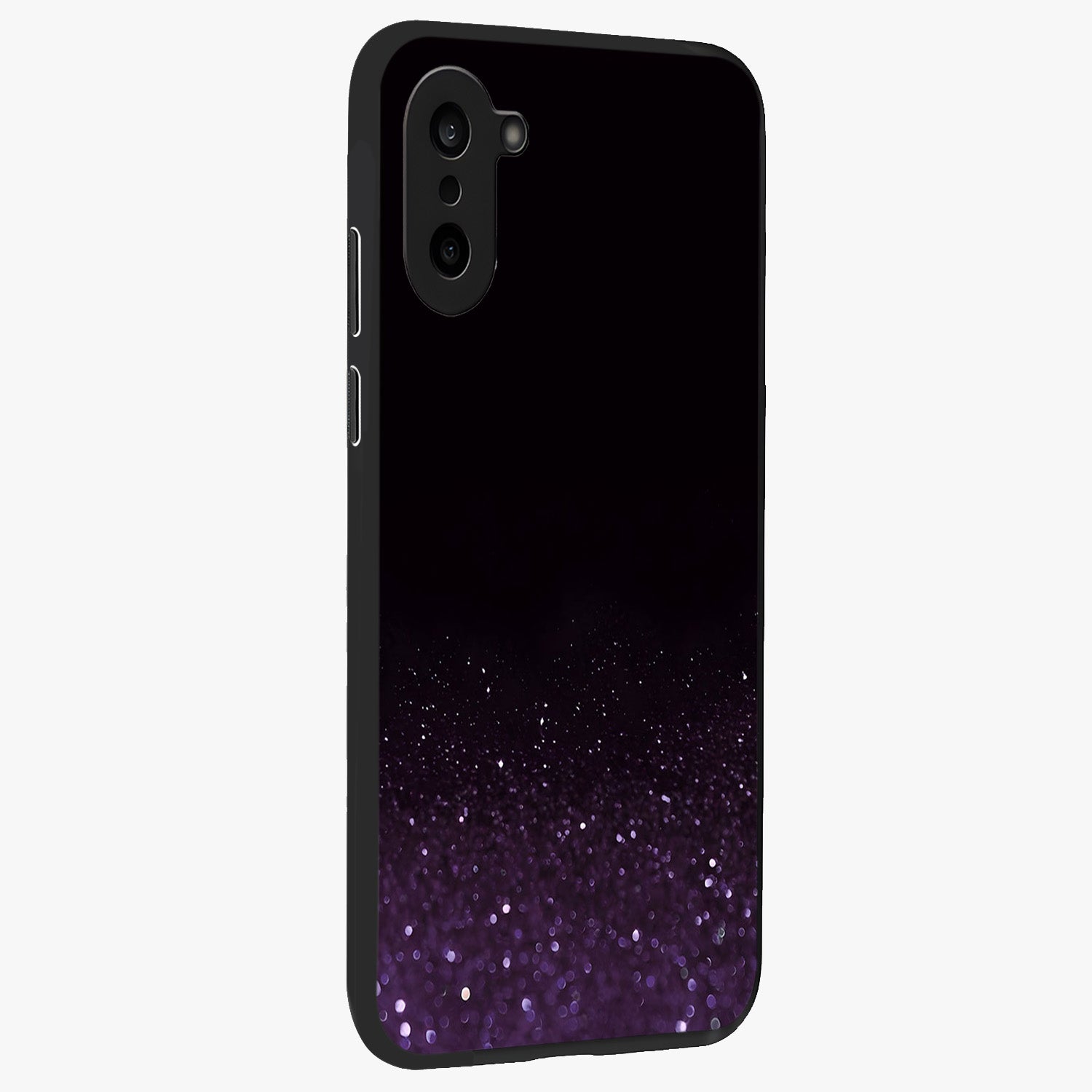 Glittery Purple Bokeh Glass Case for 1+Nord CE 5 side perspective highlighting glowing textures and sleek premium edges