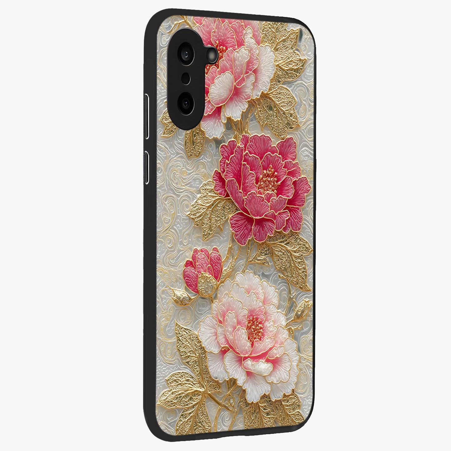 Golden Blossom Elegance Glass Case for 1+Nord CE 5 side perspective highlighting delicate floral textures and sleek build