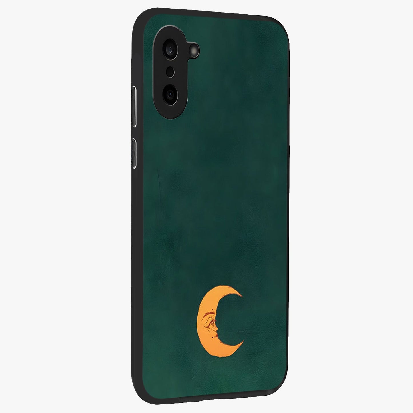 Golden Crescent Mood Glass Case for 1+Nord CE 5 side perspective highlighting elegant crescent detailing and smooth build
