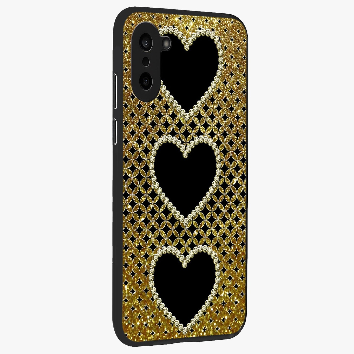 Golden Heart Glow Glass Case for 1+Nord CE 5 side perspective highlighting smooth heart detailing and premium edges