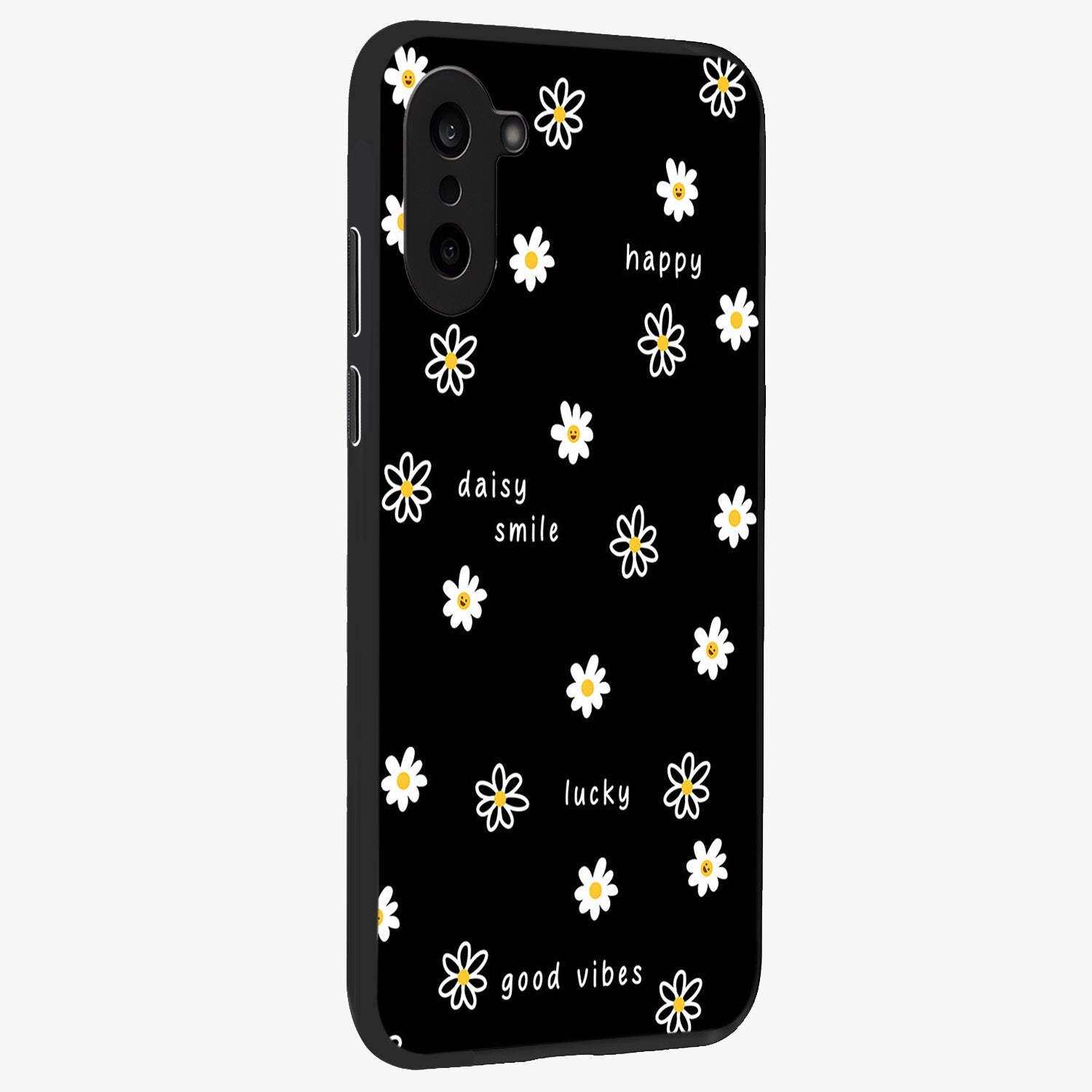 Good Vibes Daisy Black Pattern Glass Case for 1+Nord CE 5 side perspective highlighting playful daisy detailing and smooth edges