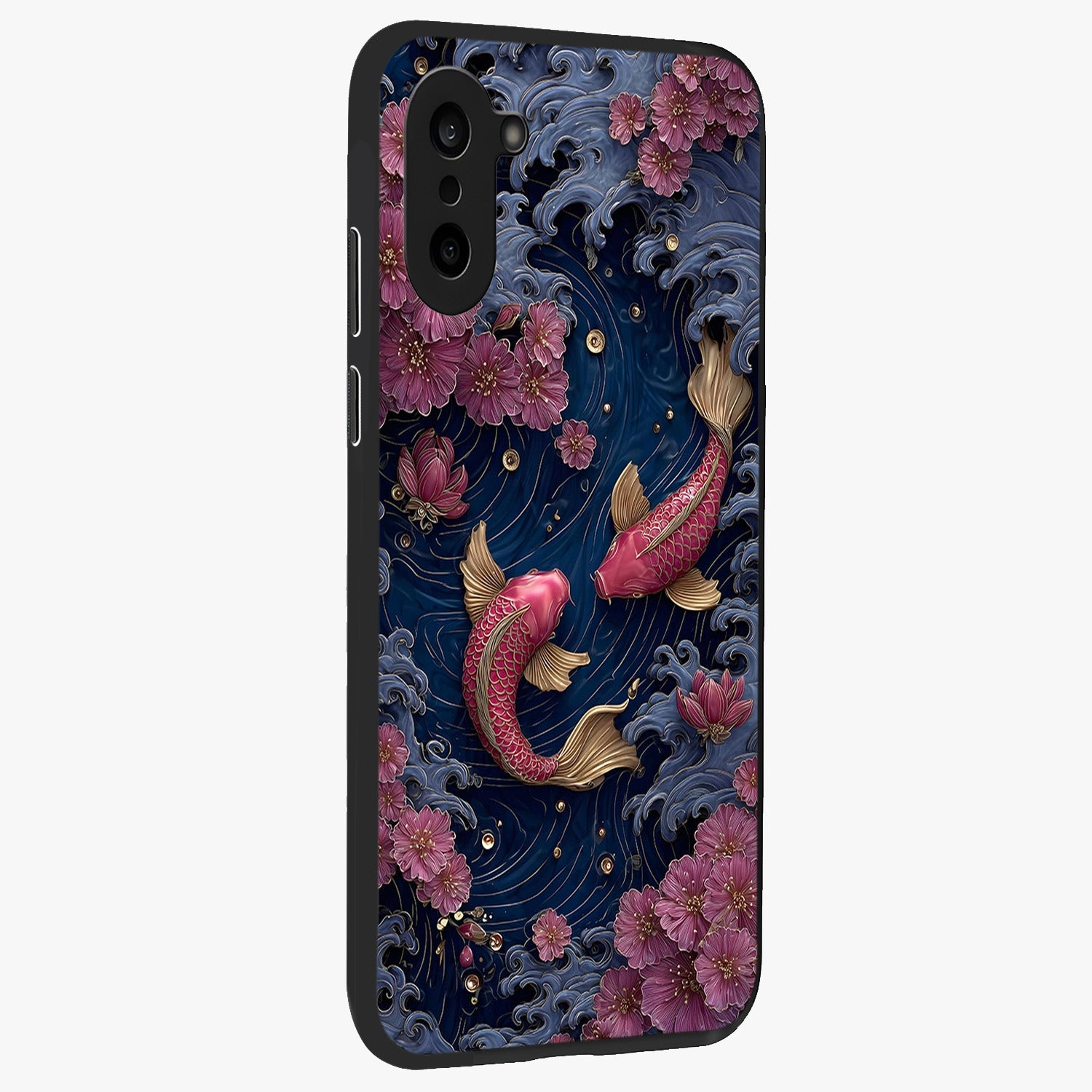 Koi Wave Dance Glass Case for 1+Nord CE 5 side perspective highlighting dynamic motion detailing and smooth build