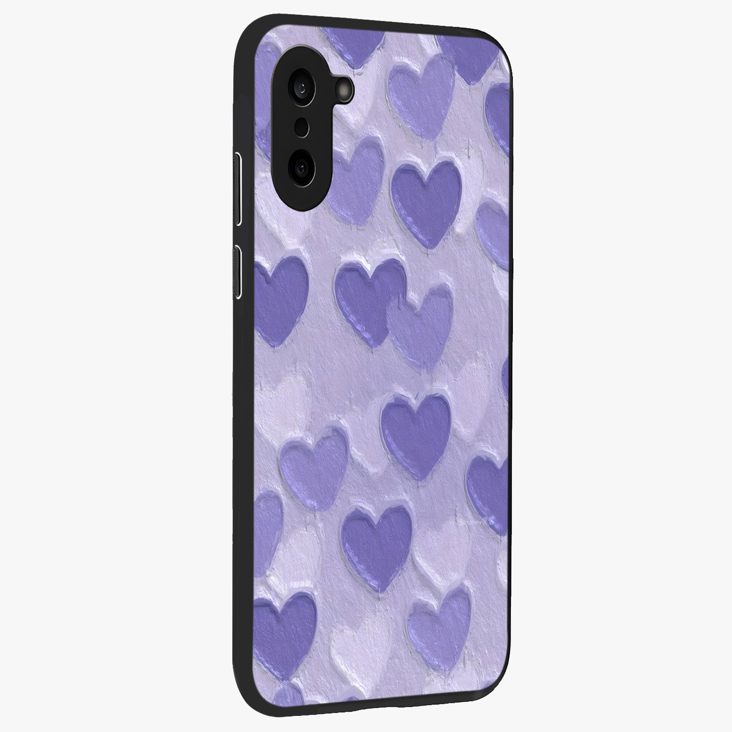 Lavender Paper Hearts Glass Case for 1+Nord CE 5 side perspective highlighting delicate heart textures and sleek build