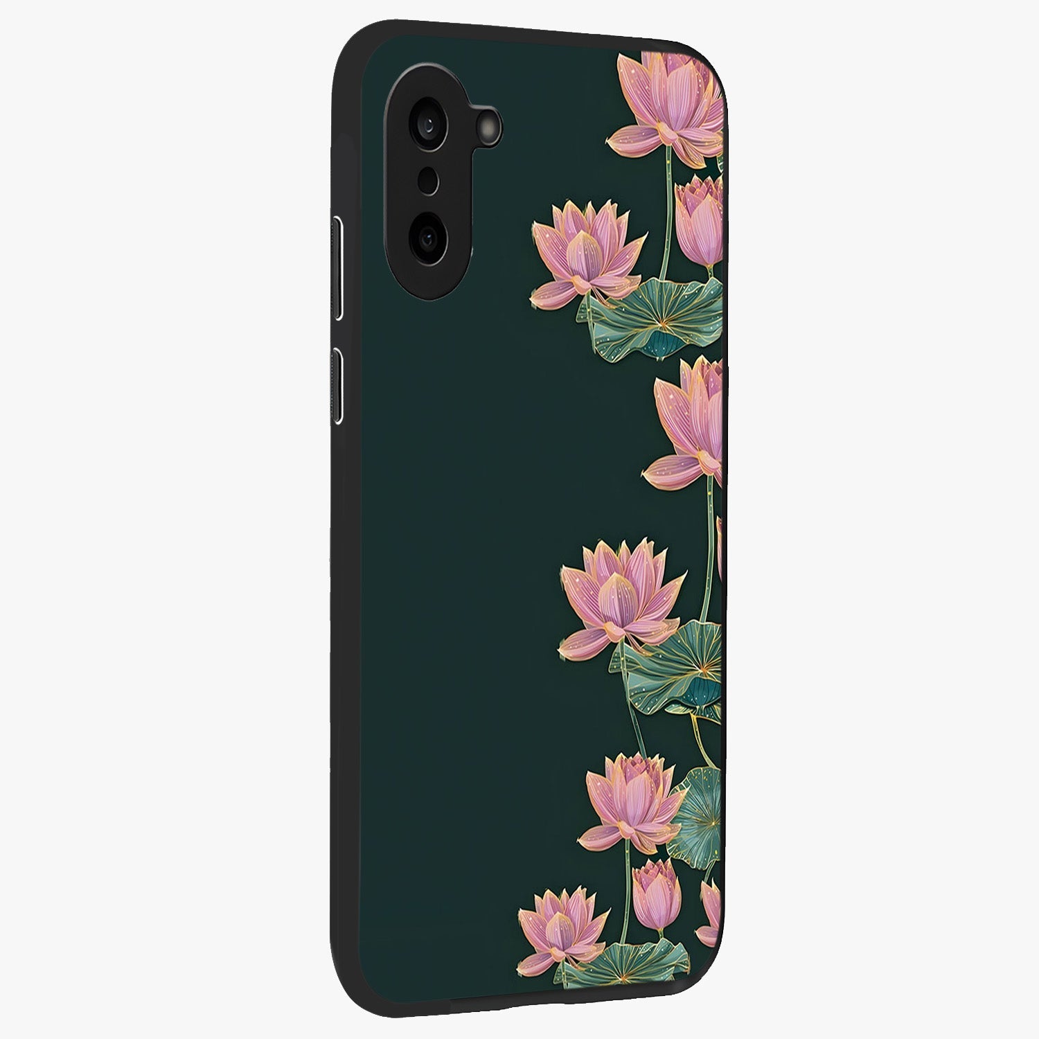 Lotus Bloom Serenity Glass Case for 1+Nord CE 5 side perspective highlighting delicate petal textures and premium edges