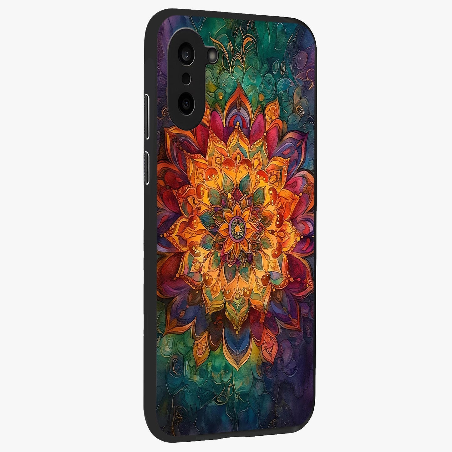 Mandala Vibrants Glass Case for 1+Nord CE 5 side perspective highlighting vibrant ornamental textures and premium edges