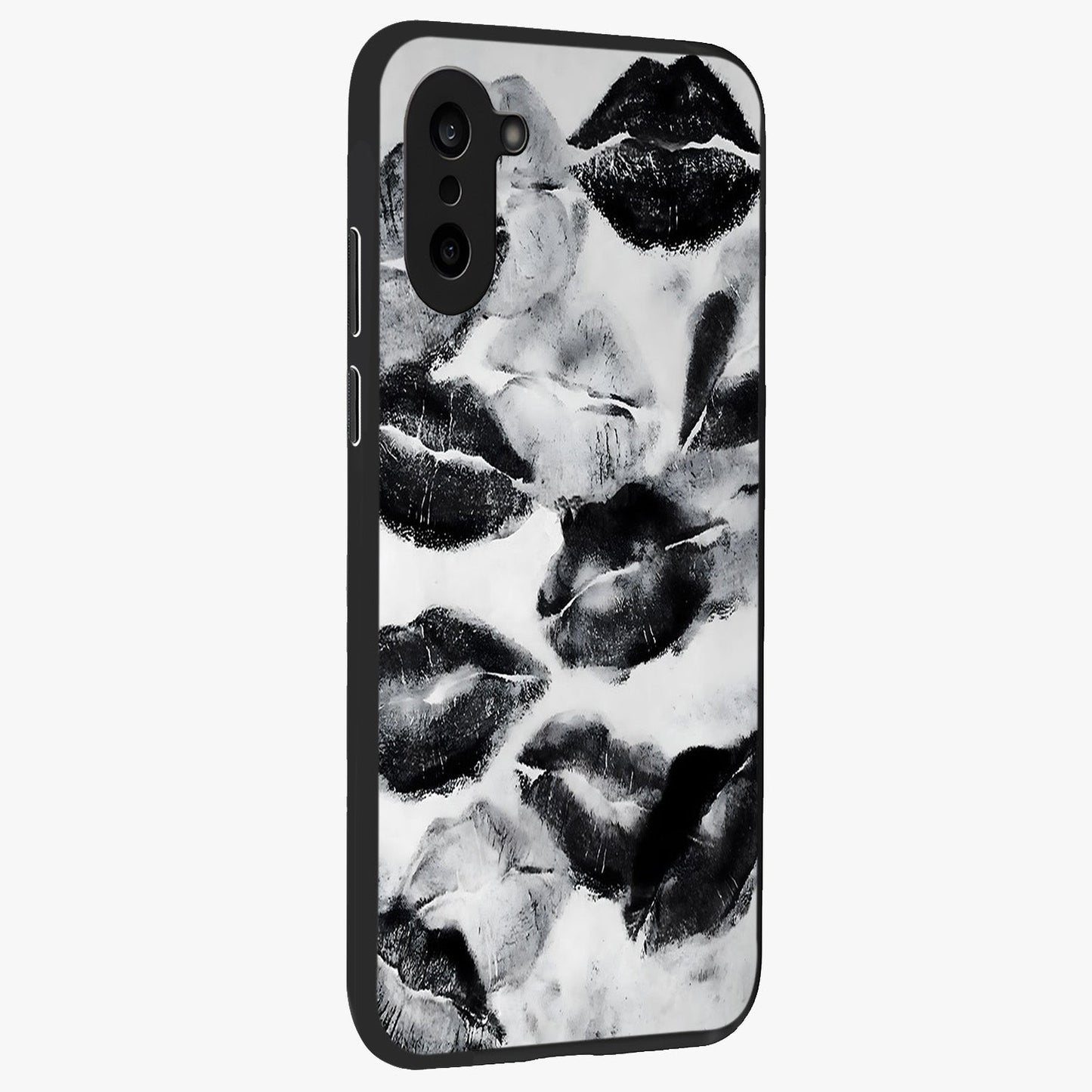 Midnight Kiss Marks Glass Case for 1+Nord CE 5 side perspective highlighting playful detailing and premium edge finish