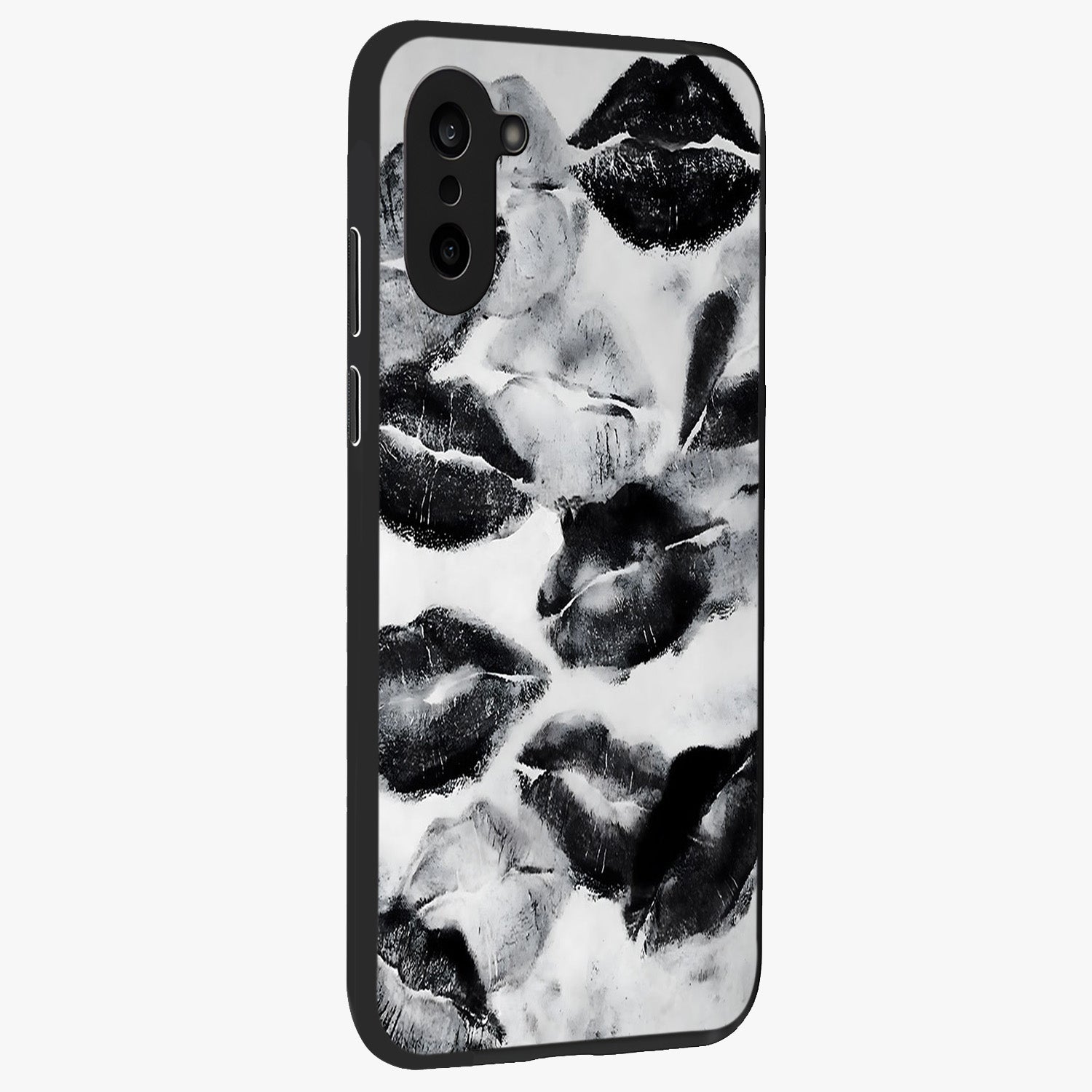 Midnight Kiss Marks Glass Case for 1+Nord CE 5 side perspective highlighting playful detailing and premium edge finish