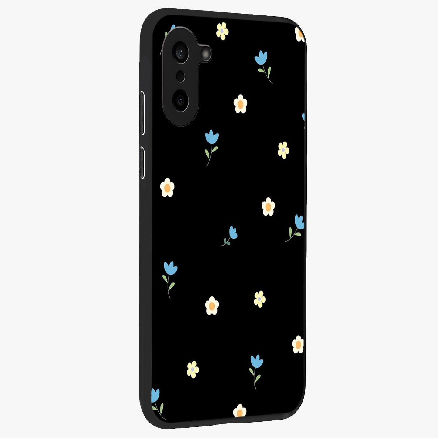 Minimalistic Blue With White Flower Pattern Glass Case for 1+Nord Ce 5 side perspective highlighting subtle floral textures and premium edges