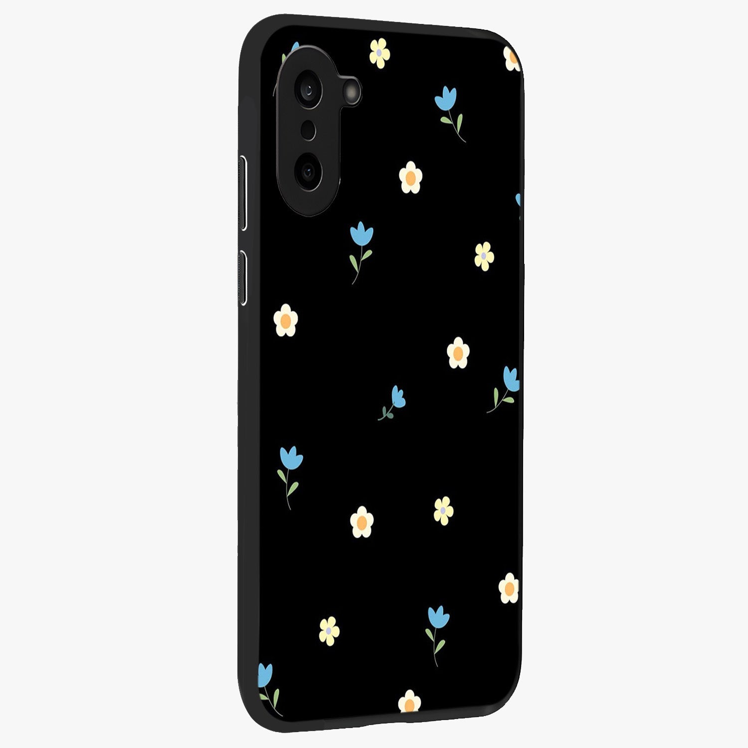 Minimalistic Blue With White Flower Pattern Glass Case for 1+Nord Ce 5 side perspective highlighting subtle floral textures and premium edges