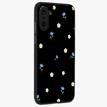 Minimalistic Blue With White Flower Pattern Glass Case for 1+Nord Ce 5 side perspective highlighting subtle floral textures and premium edges