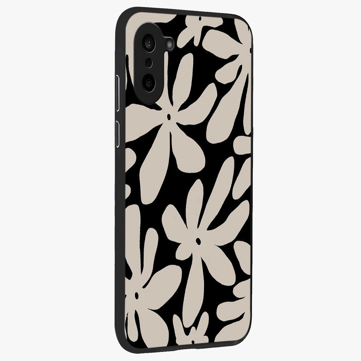 Monochrome Petal Dance Glass Case for 1+Nord CE 5 side perspective highlighting refined textures and premium edges