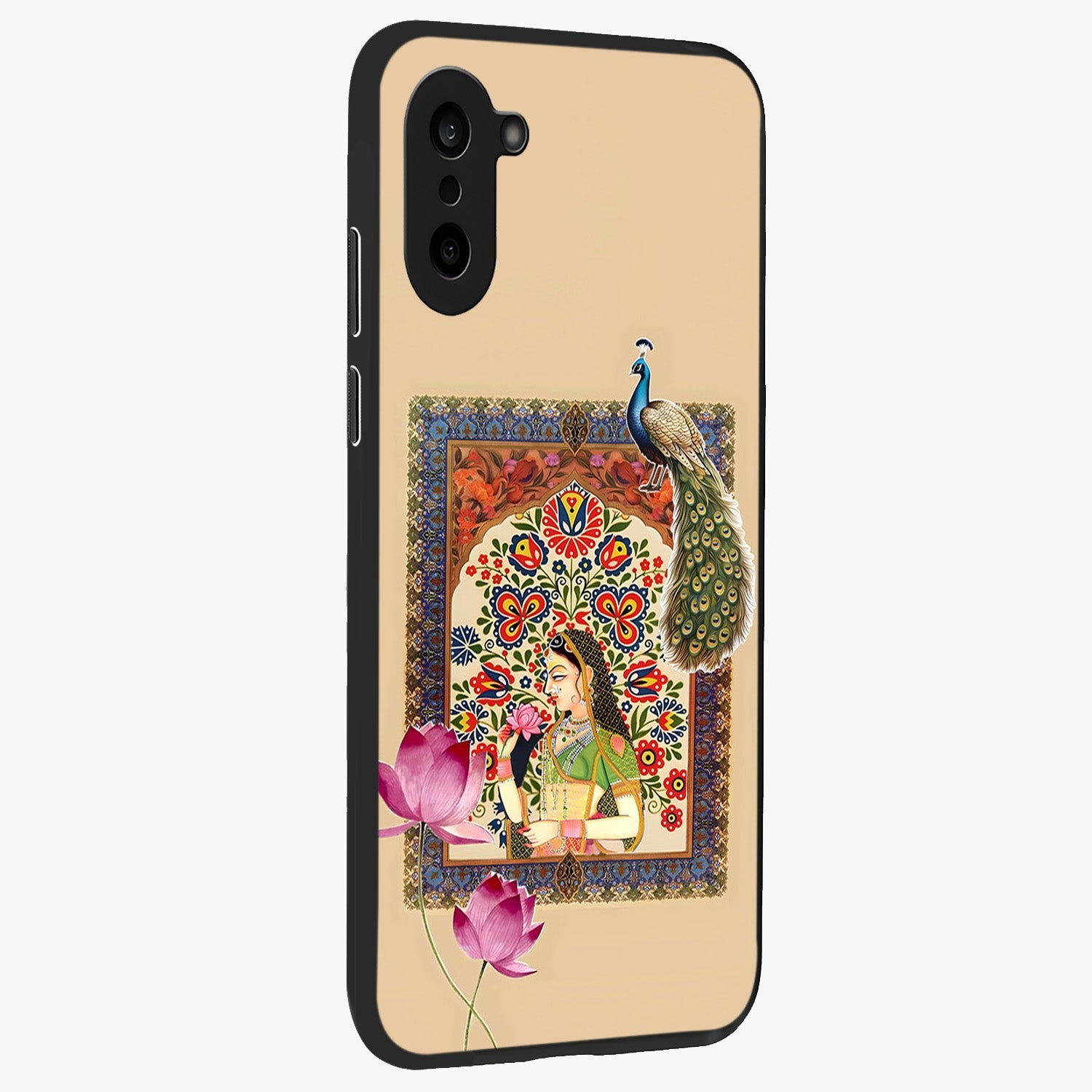 Mughal Princess and Peacock Glass Case for 1+Nord CE 5 side perspective highlighting detailed cultural textures and smooth premium build