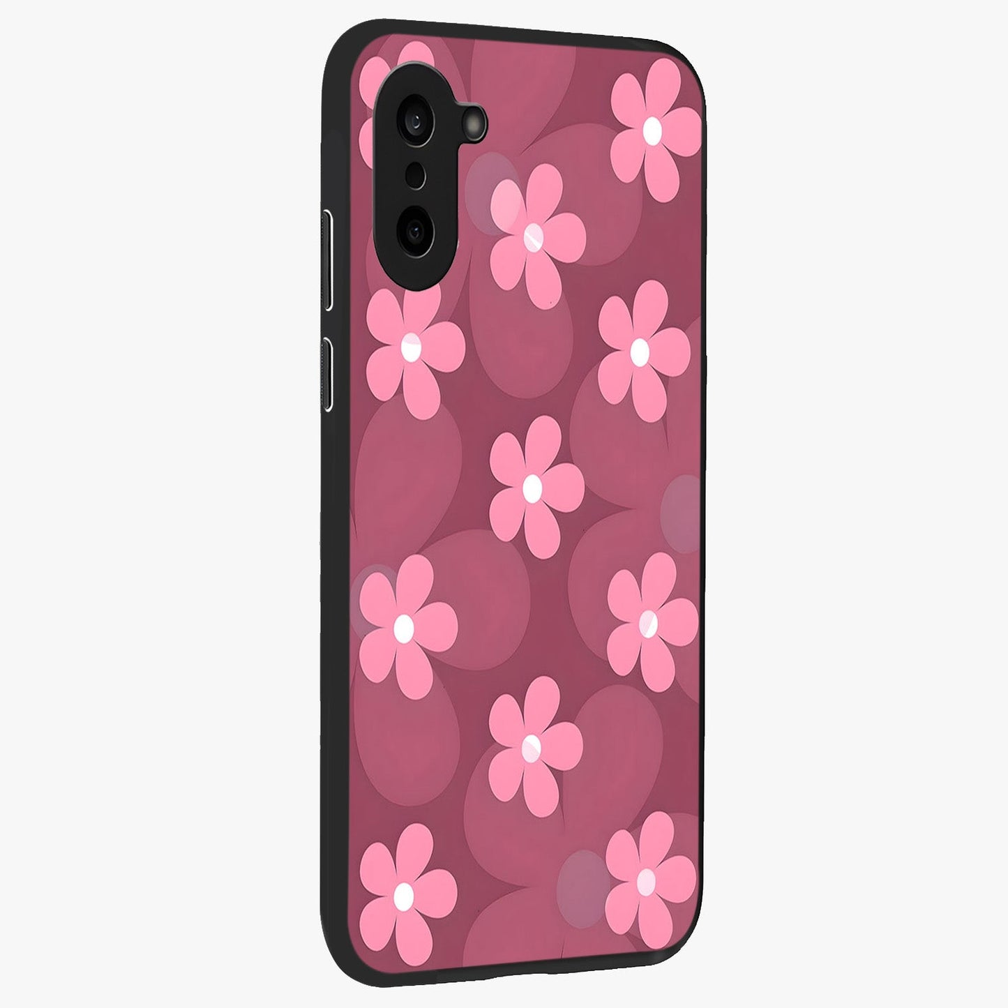 Pink Daisy Flower Pattern Glass Case for 1+Nord Ce 5 side perspective highlighting bright floral textures and smooth build