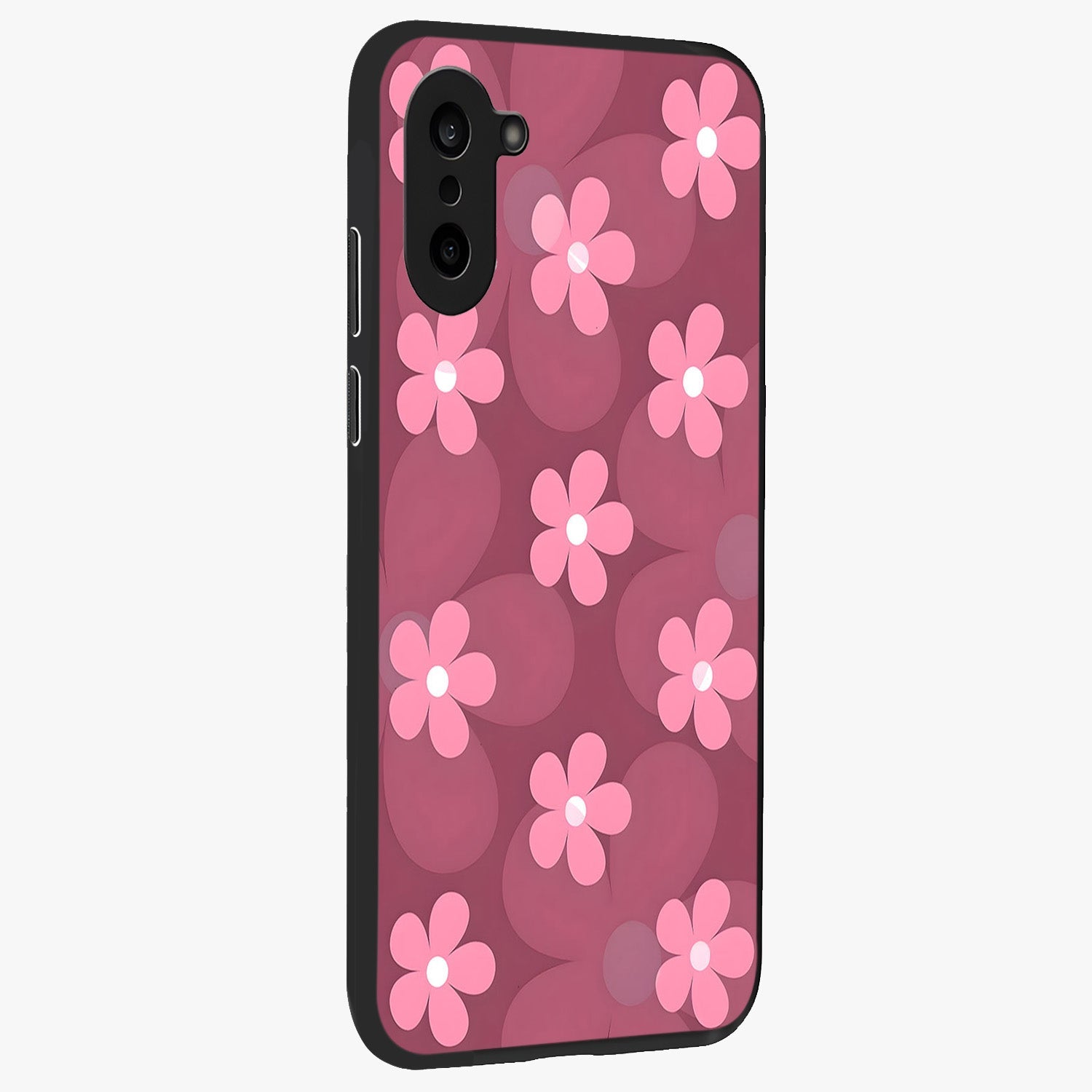 Pink Daisy Flower Pattern Glass Case for 1+Nord Ce 5 side perspective highlighting bright floral textures and smooth build