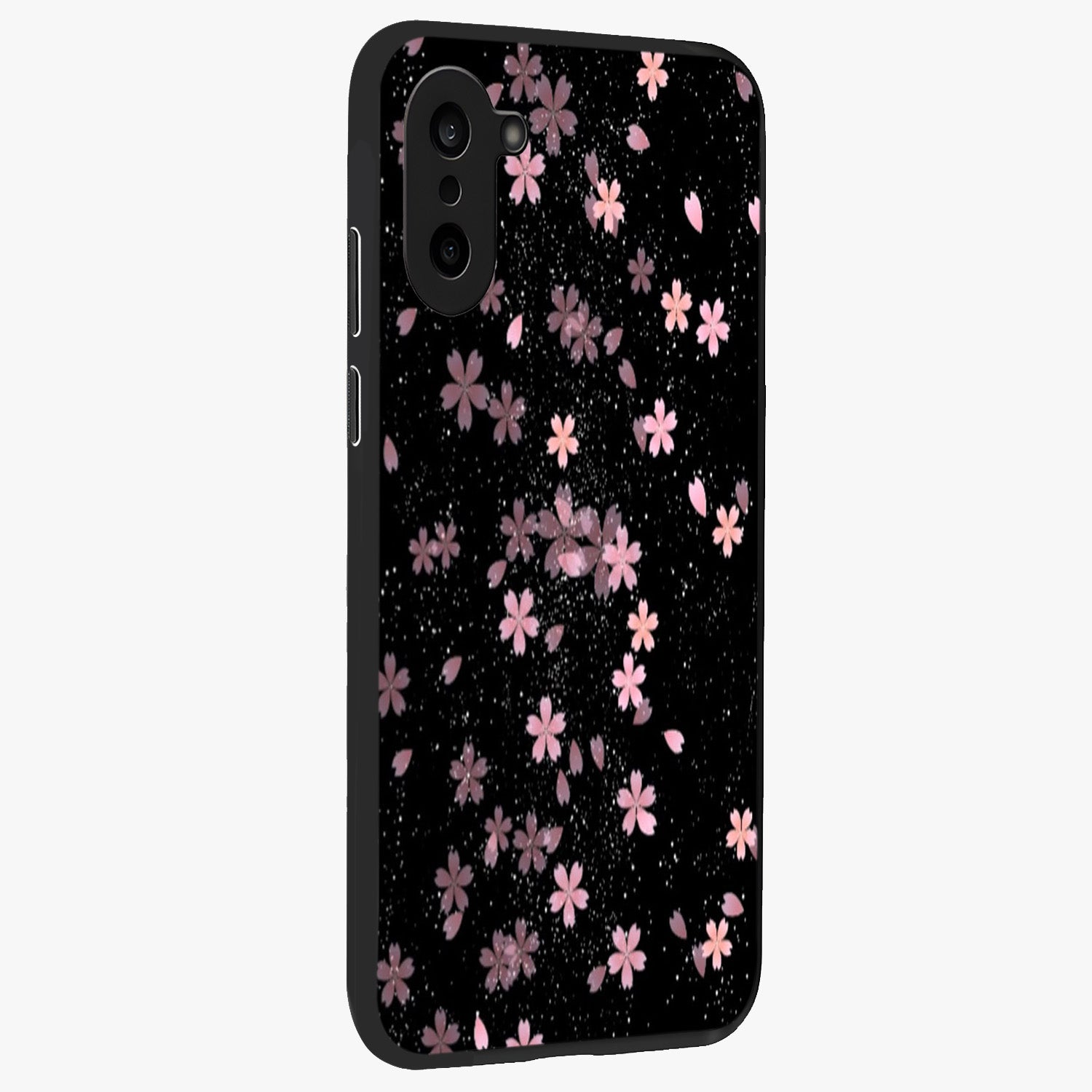 Pink Flower Black Background Glass Case for 1+Nord CE 5 side perspective highlighting vivid bloom textures and sleek build