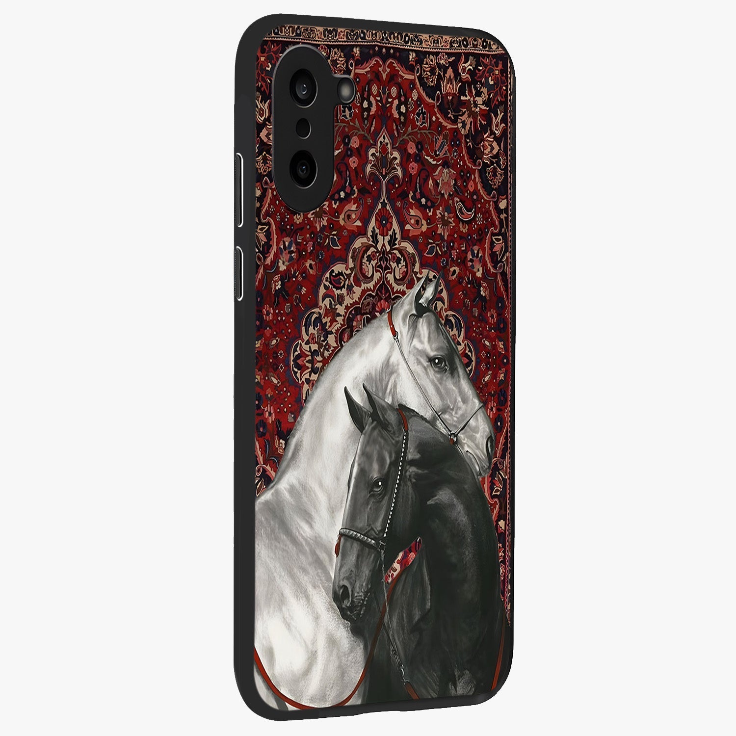Regal Stallion Tapestry Glass Case for 1+Nord CE 5 side perspective highlighting intricate equestrian textures and premium edges