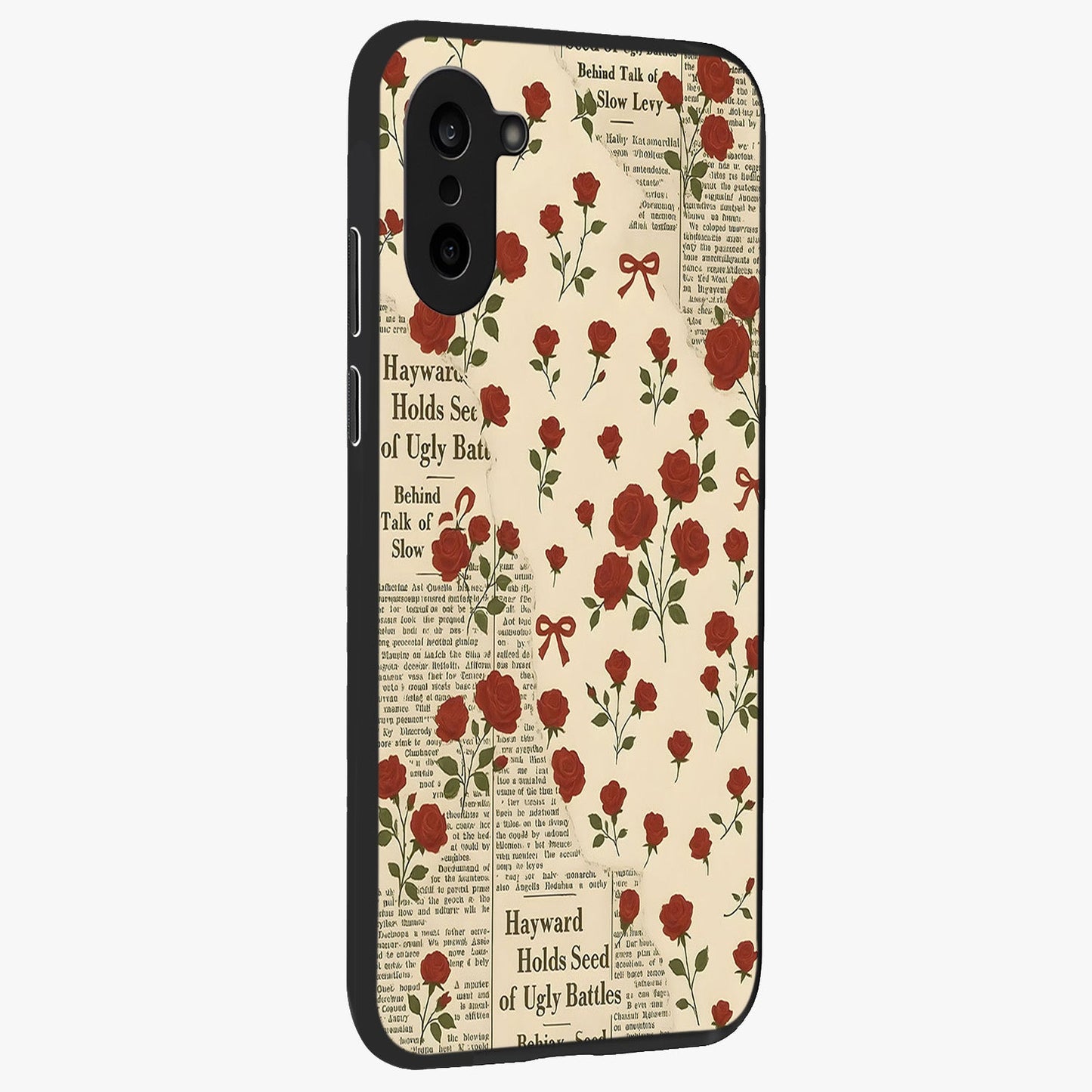 Retro Rose Journal Glass Case for 1+Nord Ce 5 side perspective highlighting delicate floral textures and premium edges