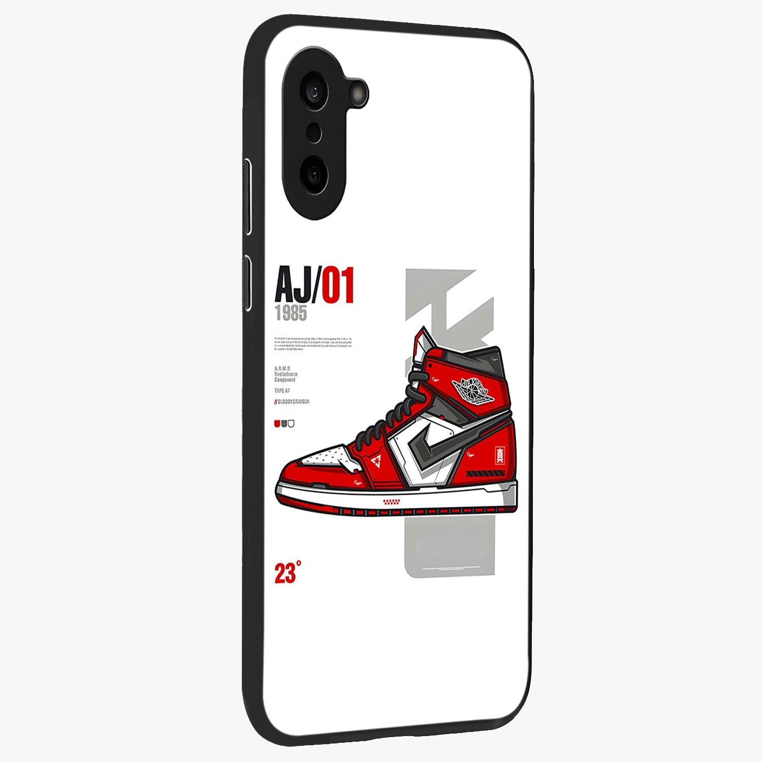 Retro Sneaker Blueprint Glass Case for 1+Nord CE 5 side perspective highlighting sharp graphic textures and sleek build