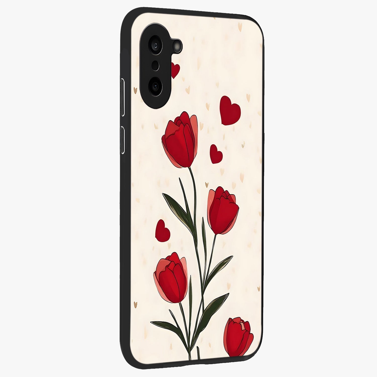 Romantic Tulip Hearts Glass Case for 1+Nord CE 5 side perspective highlighting delicate bloom textures and premium edges