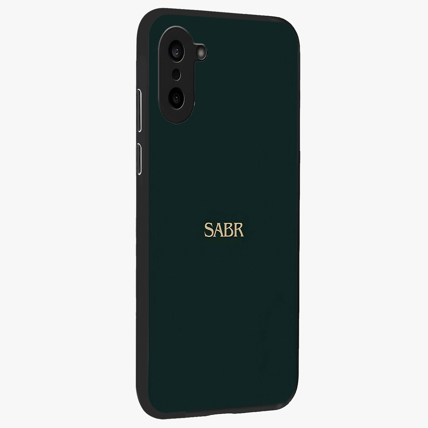 Sabr Minimal Patience Glass Case for 1+Nord CE 5 side perspective highlighting elegant text detailing and sleek build