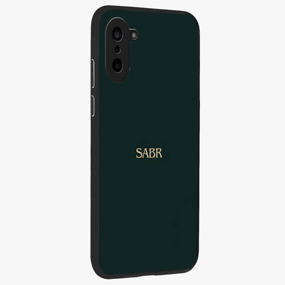 Sabr Minimal Patience Glass Case for 1+Nord CE 5 side perspective highlighting elegant text detailing and sleek build