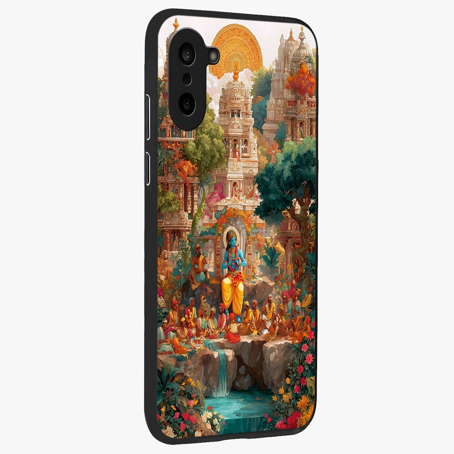 Sacred Sunlight Gods Glass Case for 1+Nord Ce 5 side perspective highlighting intricate spiritual detailing and smooth build