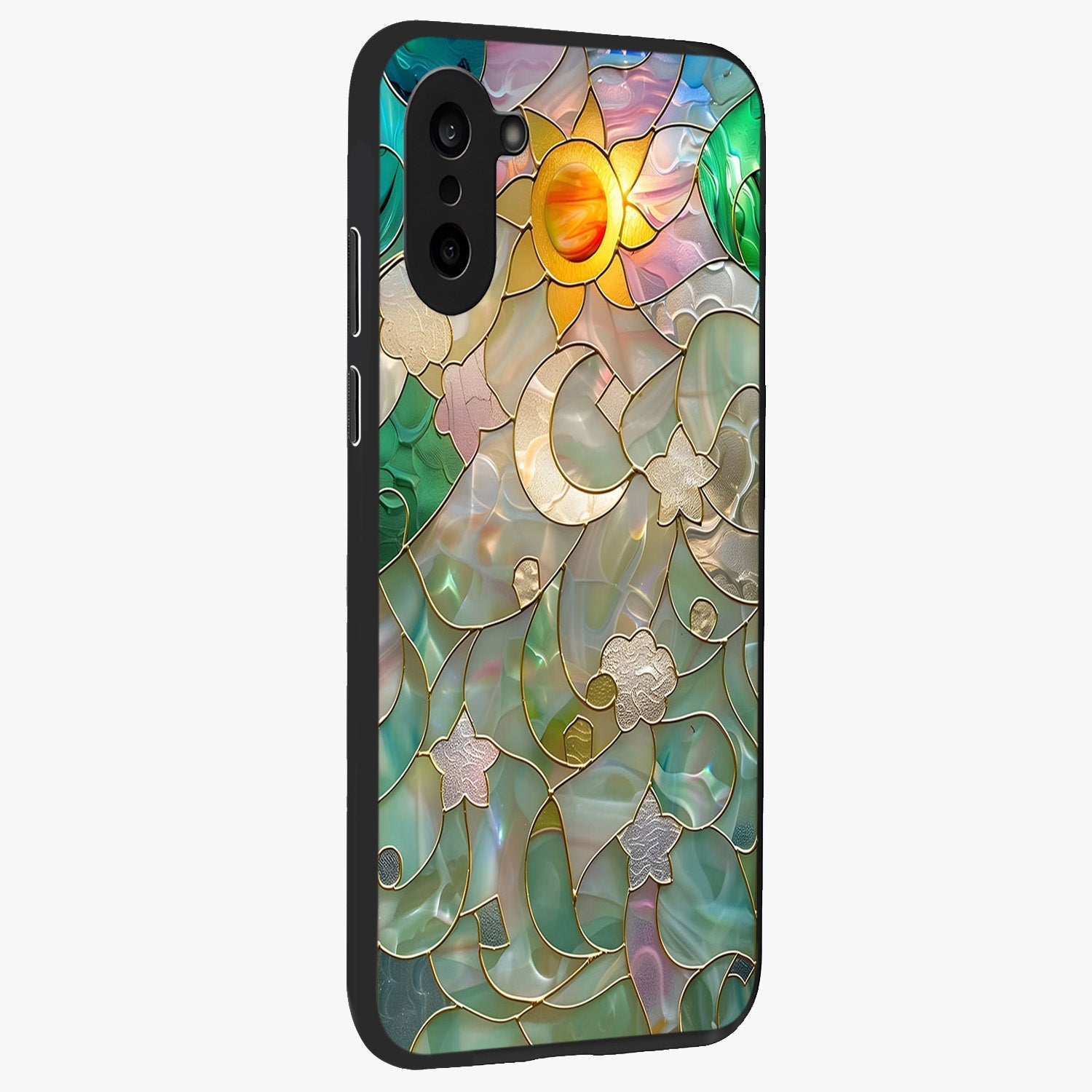 Stained Sunrise Glow Glass Case for 1+Nord CE 5 side perspective highlighting luminous textures and sleek premium build