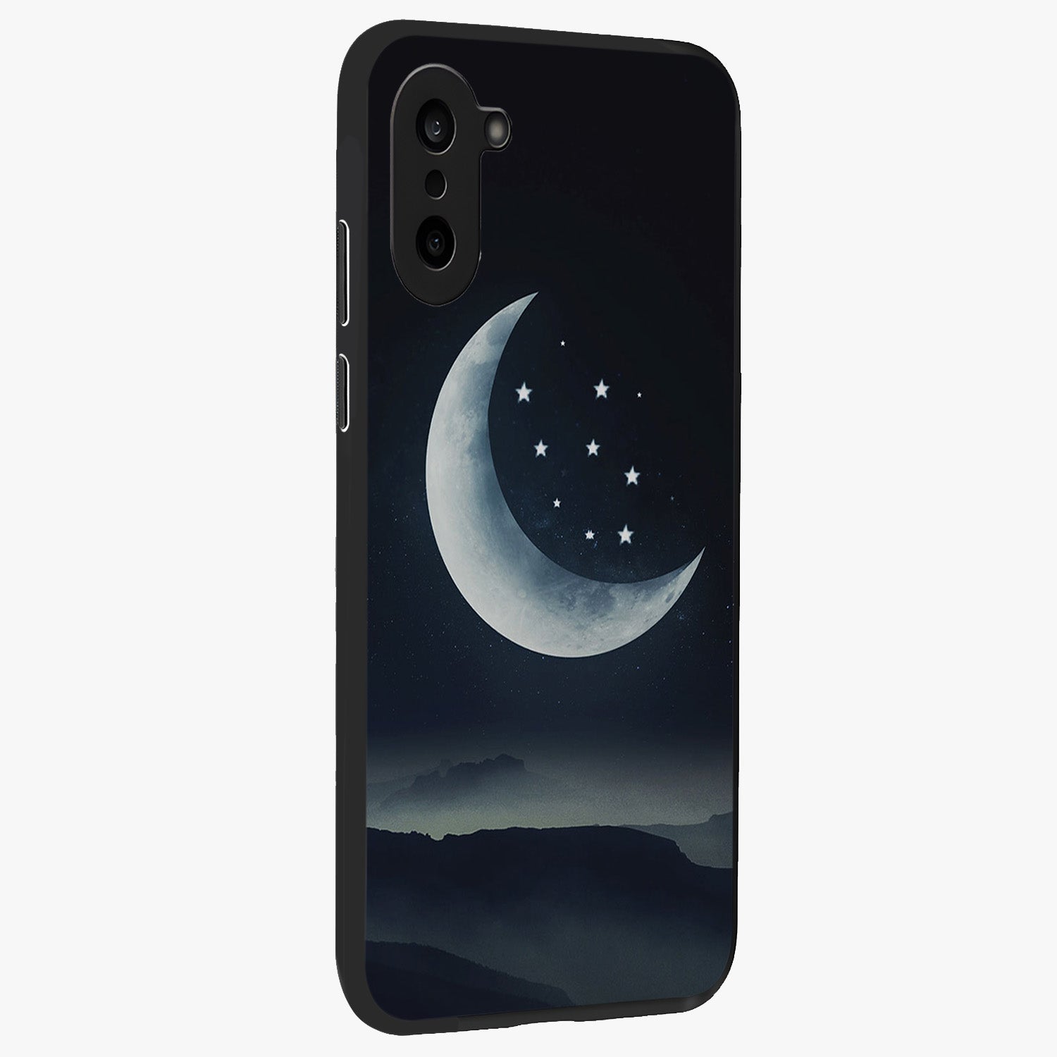 Starry Moon Pattern Glass Case for 1+Nord CE 5 side perspective highlighting celestial textures and premium edges