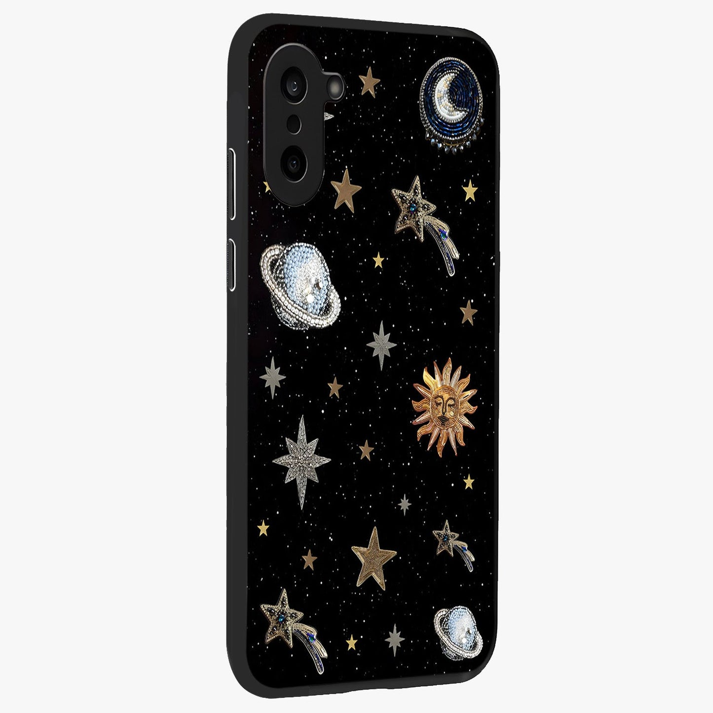 Stars and Planets Brooches Glass Case for 1+Nord Ce 5 side perspective highlighting intricate planetary textures and sleek build