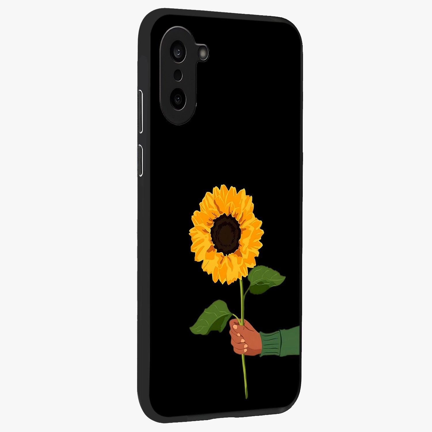 Sunflower Custom Name Glass Case for 1+Nord CE 5 side perspective highlighting custom typography and vibrant bloom textures